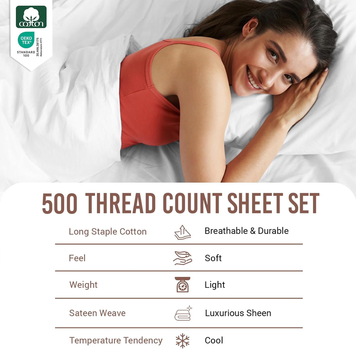 Pizuna Cotton Single Sheet Set, 500 Thread Count 100% Combed Cotton Sateen Weave Single Bed Sheet Set Include 1 Fitted Sheet, 1 Flat Sheet & 1 Pillow Case (Bright White Sheet Set - 3 PC) image number 5