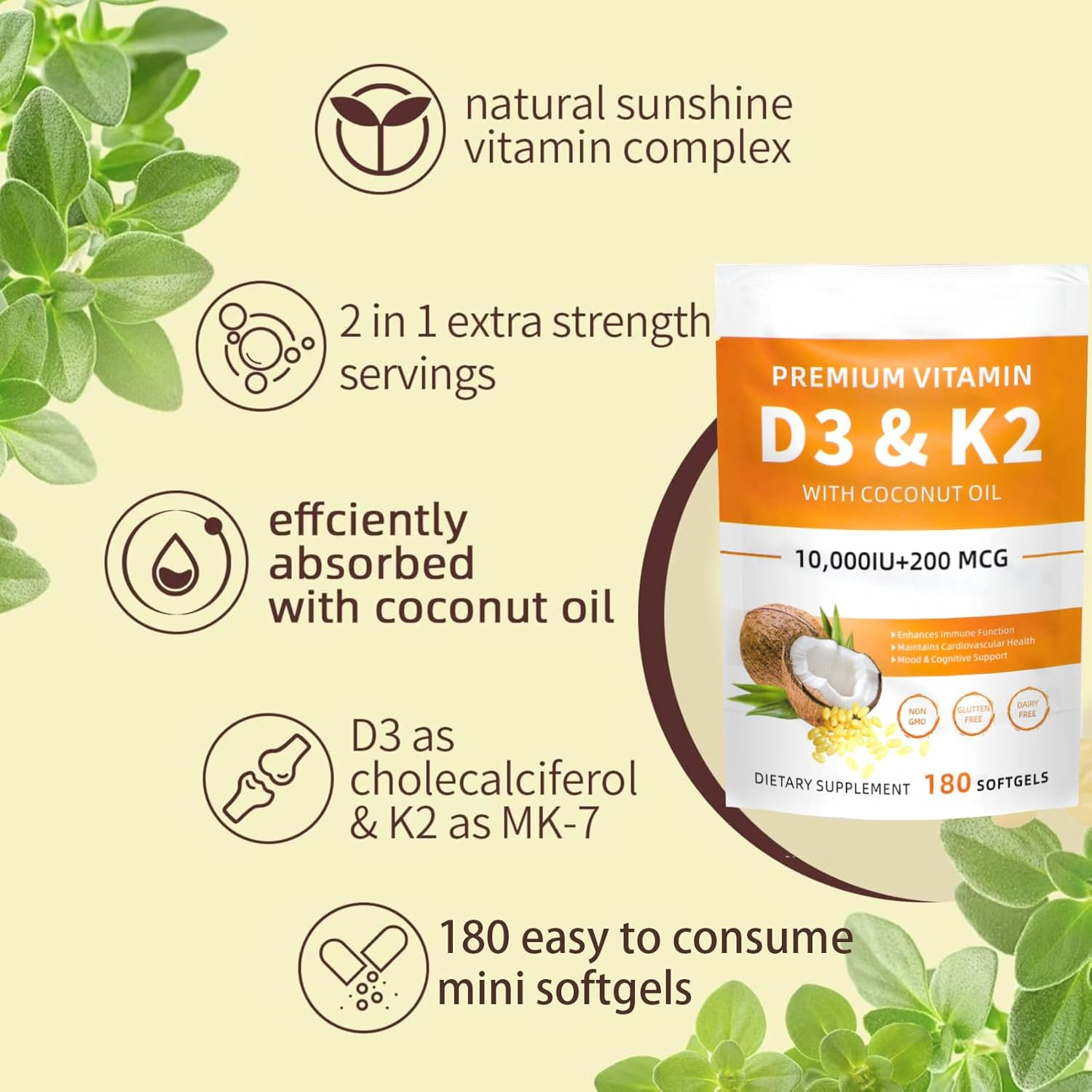 Vitamin D3 K2 Supplement Softgels, 180 Softgels, 2 in 1 Vitamin D3 with K2,Vitamins D3 K2 10,000 IU Supplement Coconut Oil Softgels, GMO Gluten and Sugar Free,Protects Bone and Cardiovascular Health