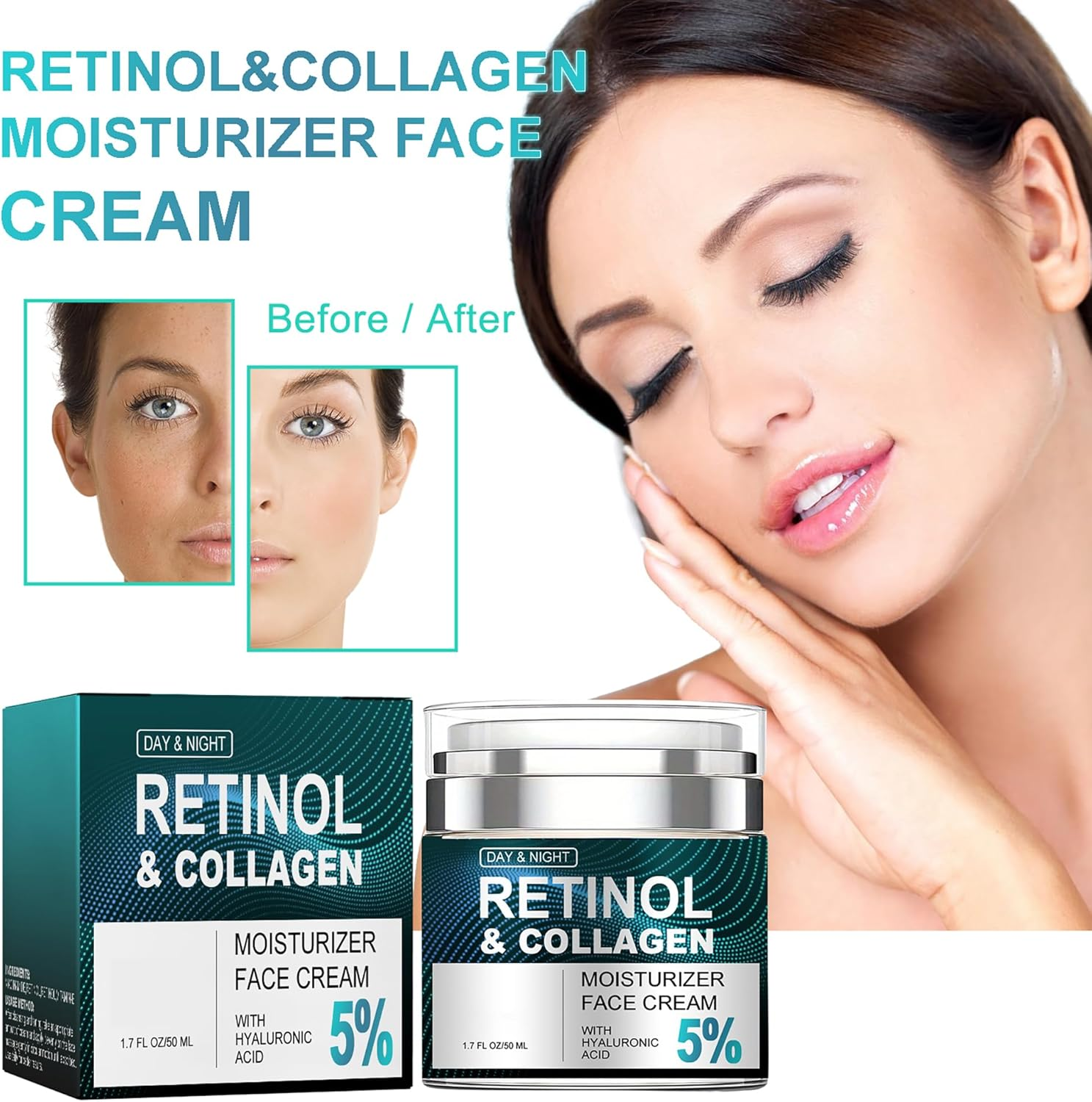 Retinol & Hyaluronic Acid Cream for Face(2Pcs) - Anti-Aging Moisturizer Day & Night,Deep Hydration to Reduce Wrinkles,Fine Lines & Dryness,Firming Skin Care with Collagen for Women & Men image number 2