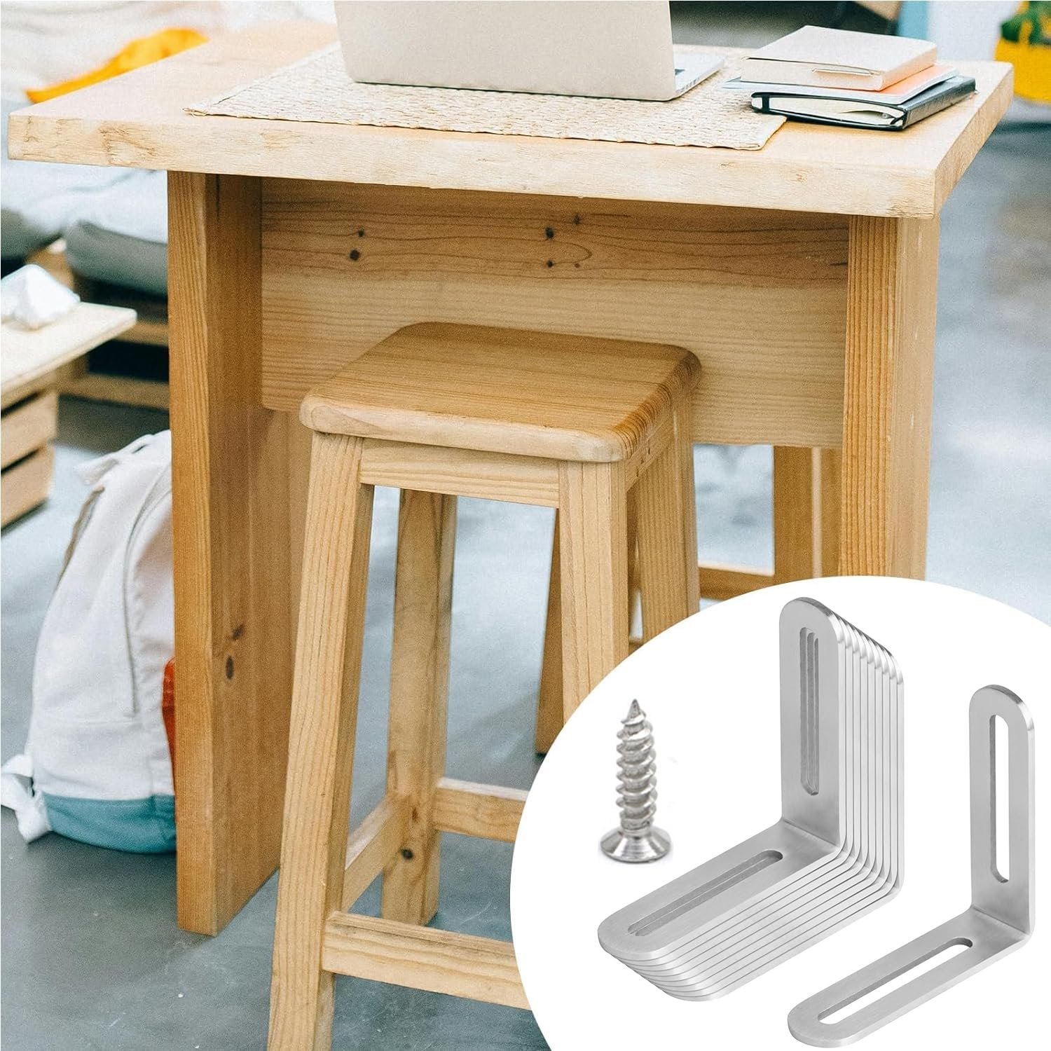 Yharnamite 10 Pcs Adjustable L-Shape Corner Brace with 20 Pcs Screwst, Shelf Bracket, Heavy Duty 90 Degree Corner Fastener Brace Support Stainless Steel Right Angle Fixer for Wood Furniture (Silver) image number 4