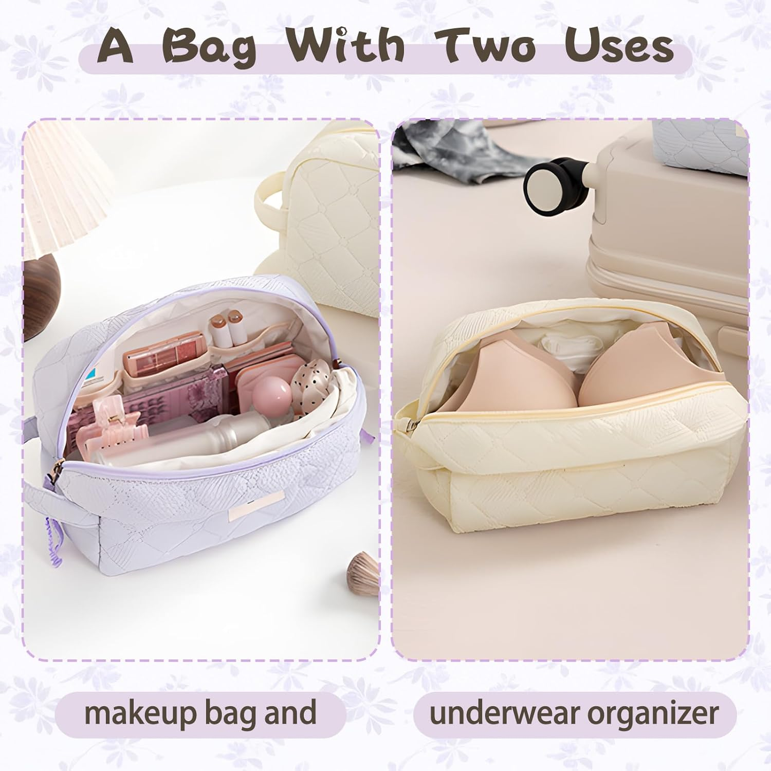 Makeup Bag, Quilted Make up Bag with Handle & Zipper, Lightweight Cosmetic Bag for Women Travel Toiletry Skin Care (Beige) image number 3