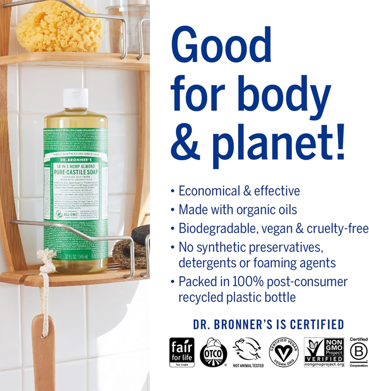 Dr. Bronner'S - Pure-Castile Liquid Soap (Almond, 16 Ounce) - Made with Organic Oils, 18-In-1 Uses: Face, Body, Hair, Laundry, Pets and Dishes, Concentrated, Vegan, Non-Gmo image number 6