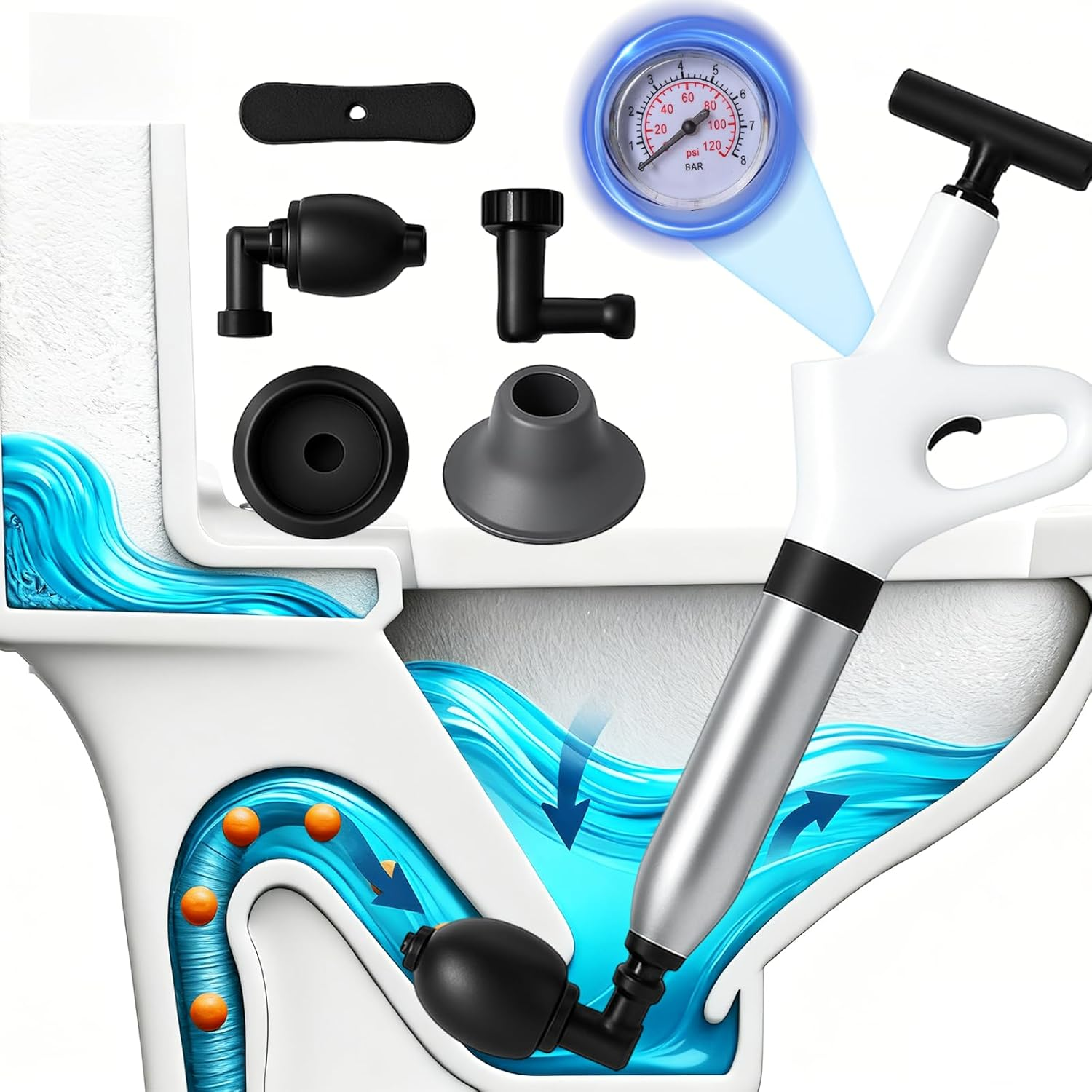 Pipe Cleaning Pump - Pipe Cleaner Compressed Air for Toilet Clogged, Sink, Bathtub and Drain Pipes - with 3 Piston Attachments and Air Pump image number 6