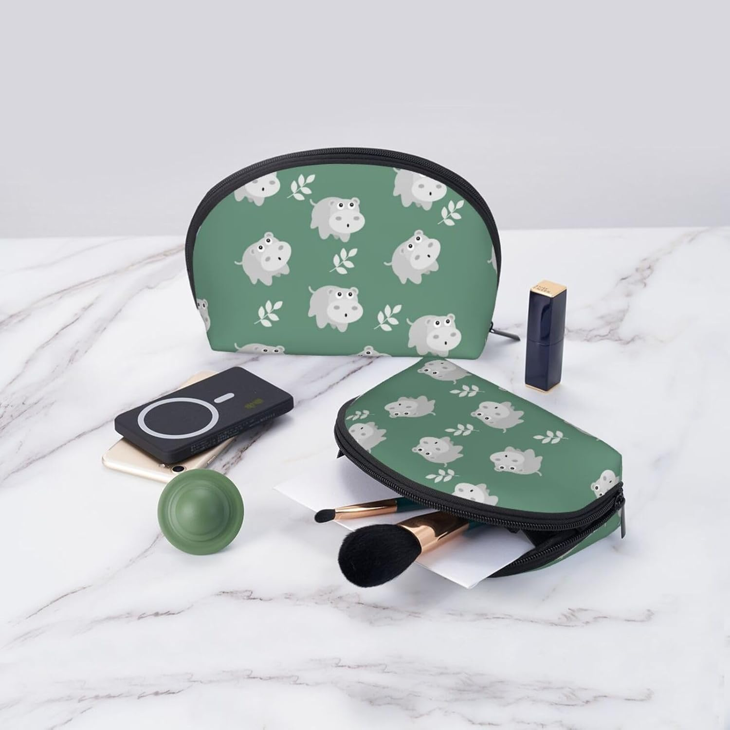 Cozimangoe Coin Pouch Makeup Bags Set, 2 Piece Shell Shape Cosmetic Bag with Pockets for Daily Travel Handbag Lipstick Keys Toiletry, Personalized Cute Hippo