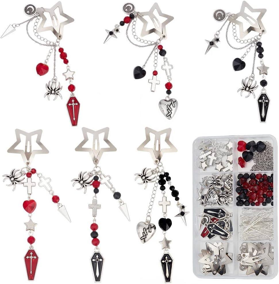 SUNNYCLUE 1 Box DIY 6 Sets Tassels Hair Clips Making Kit Halloween Gothic Hairclips Cross Coffin Charms Black Red Heart Beads Star Hairpins Accessories for Women Braid Long Short Thin Thick Hair