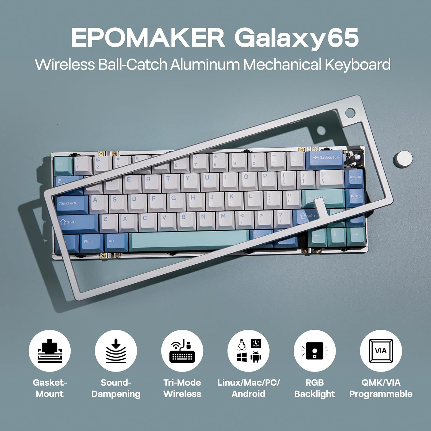EPOMAKER Galaxy65 Wireless QMK/VIA Mechanical Keyboard, Ball-Catch Anodized Aluminum Custom Keyboard, Pre-Lubed Hot-Swappable Switch, RGB Backlit, Rotary Knob, 2.4Ghz/Bt/Type-C (Silver) - Silver image number 3