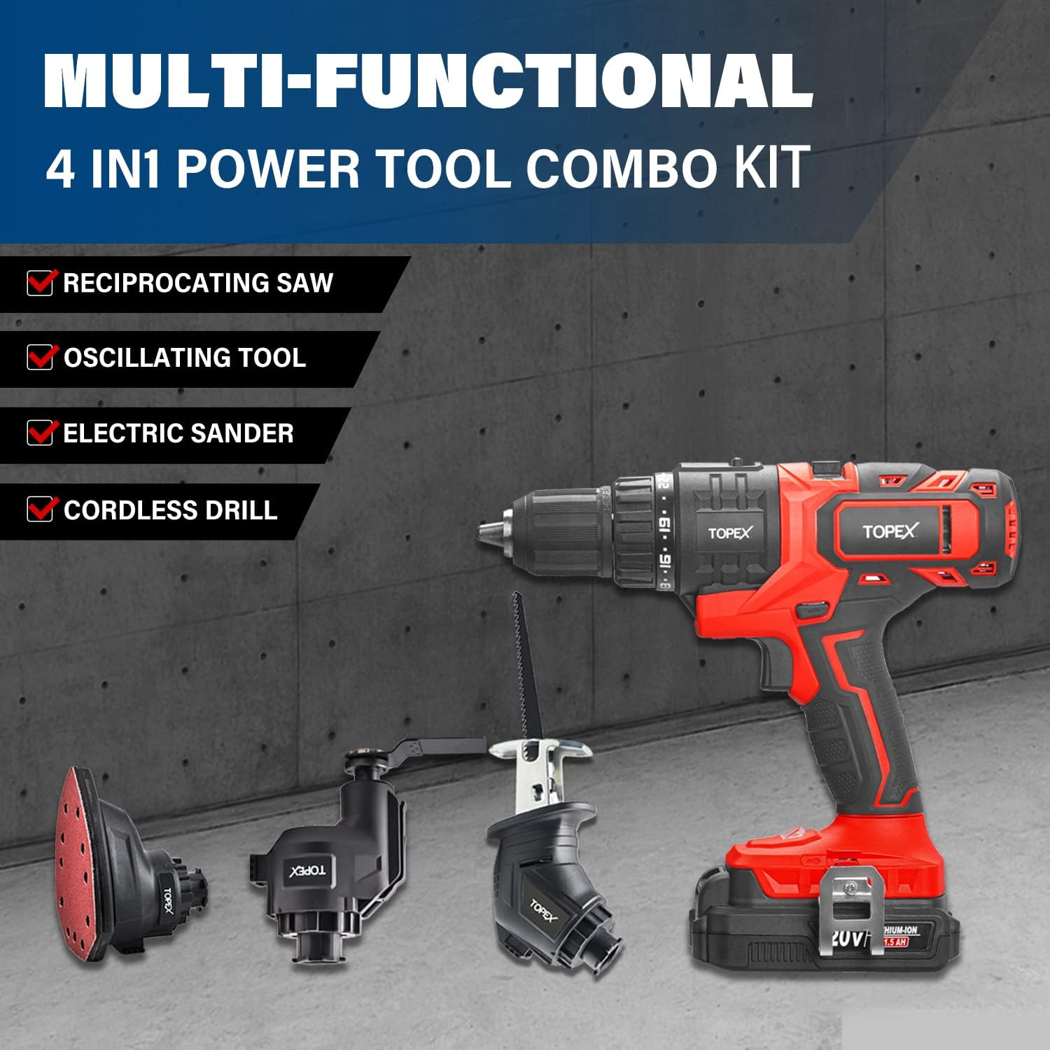 TOPEX 20V 4 IN1 Power Tool Combo Kit, Cordless Drill, Electric Sander, Reciprocating Saw, Oscillating Tool image number 5