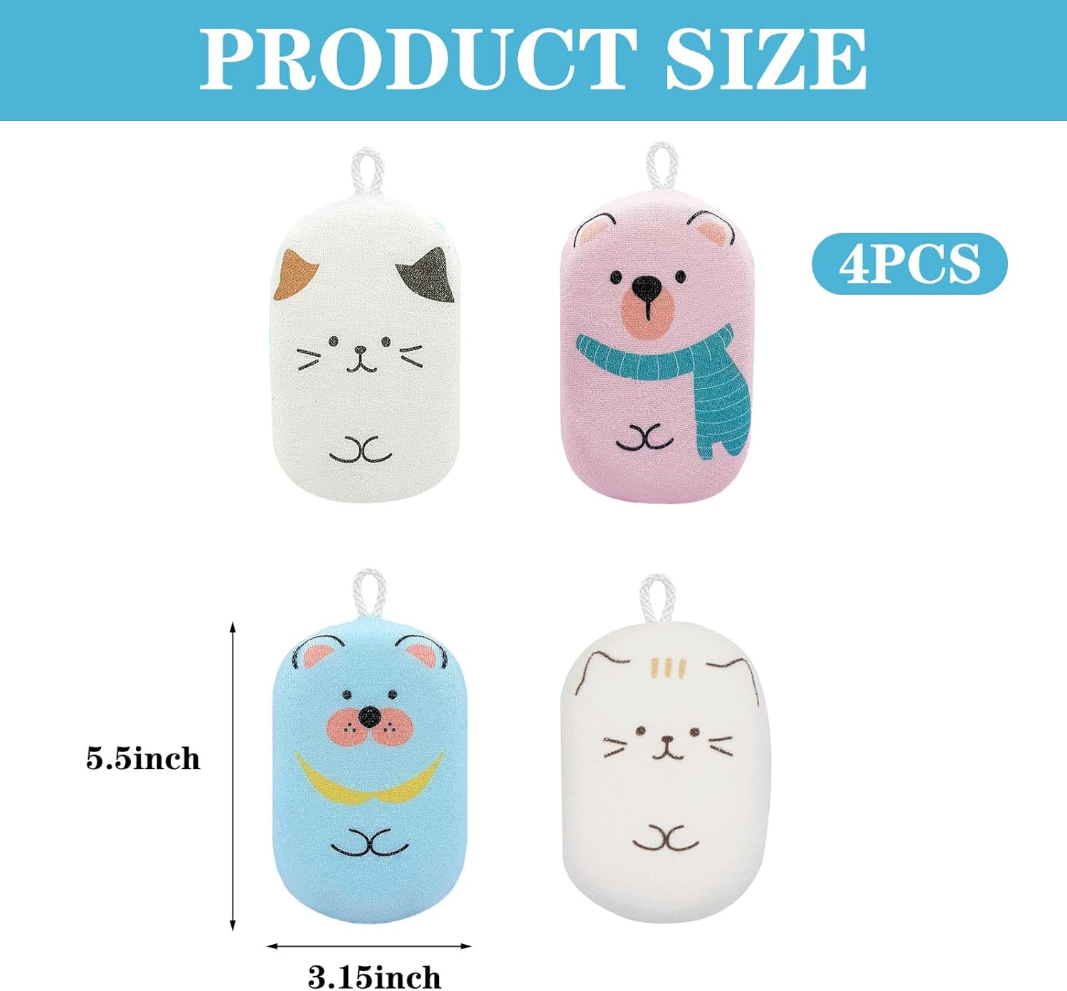 Bath Sponge Shower Loofahs-4 Pack Baby and Kids Bath Loofah Sponge, Soft and Absorbent Toddler Exfoliating Body Scrubber Shower Loofa Sponge Cute Pattern Design for Kids Baby Women Boys and Girl image number 3