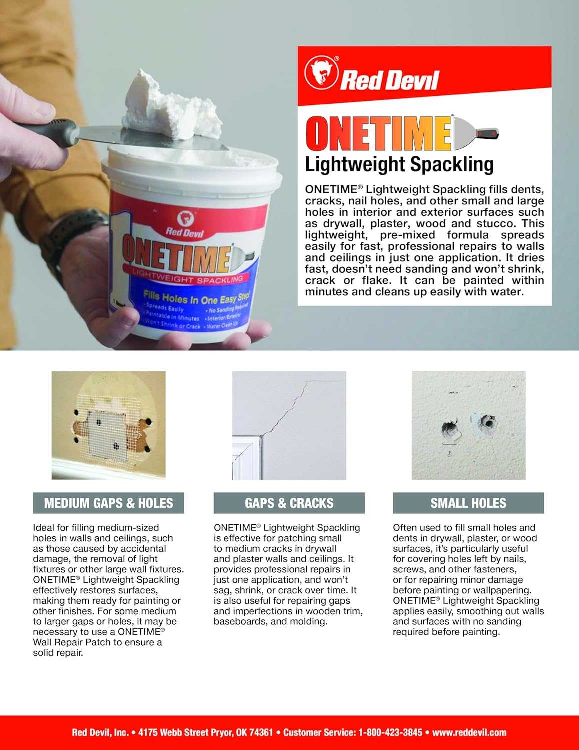 Red Devil 0542 ONETIME Lightweight Spackle Wall Repair, Spackling for Holes Drywall, 1/2 Pint, White, 8 Ounce, Made in USA