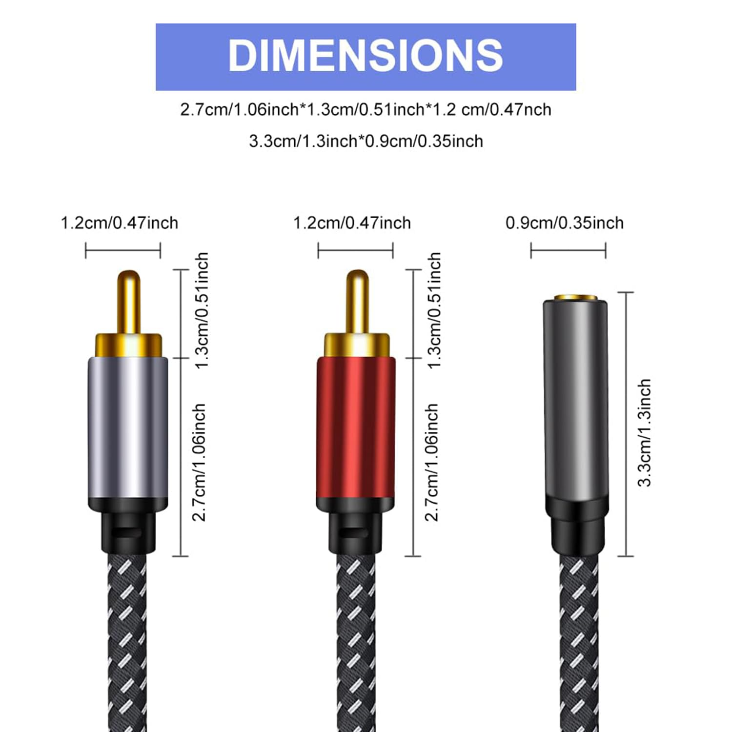 3.5Mm AUX Female to 2 RCA Male Cable: 0.3M Braided Double Layer Shielded Zinc Alloy Stereo Audio Y Cable Splitter Adapter Compatible for Tv,Smartphones, MP3, Tablets, Speakers,Home Theater image number 1