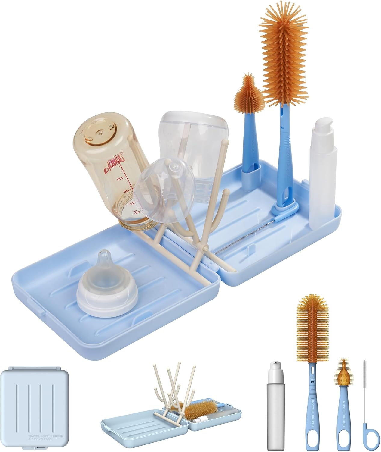 Zoltrax Bottle Brush Set,Baby Bottle Cleaner Kit,Nipple Brush, Straw Brush, Soap Dispenser, Drying Rack and Travel Storage Case,6 in 1 Bottle Cleaning Baby Essential Tool for Home and Travel (Green)