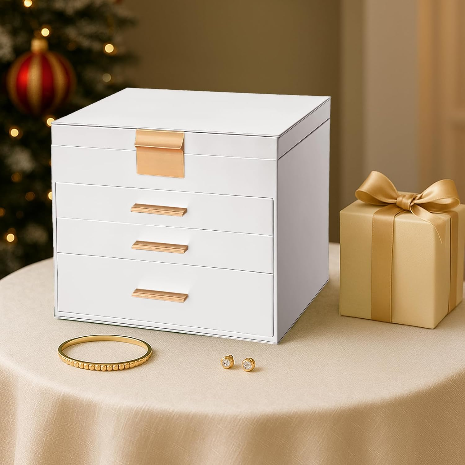 LIAN Large Jewelry Box Organizer 4 Layer Jewelry Holder Organizer with Mirror Leather Jewelry Case for Necklace Earrings Bracelet Storage for Women Girls(4 Layer White) image number 4