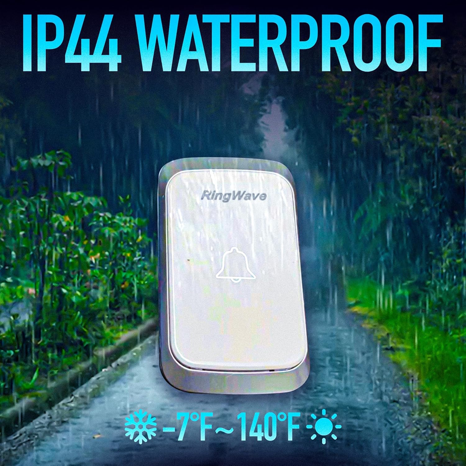 Ringwave Waterproof Wireless Outdoor Doorbell, IP44 Rated, with 300M Range, 1 Button Transmitter, and Plug-In Receiver, 5 Adjustable Volume Levels, 36 Ringtone Options.