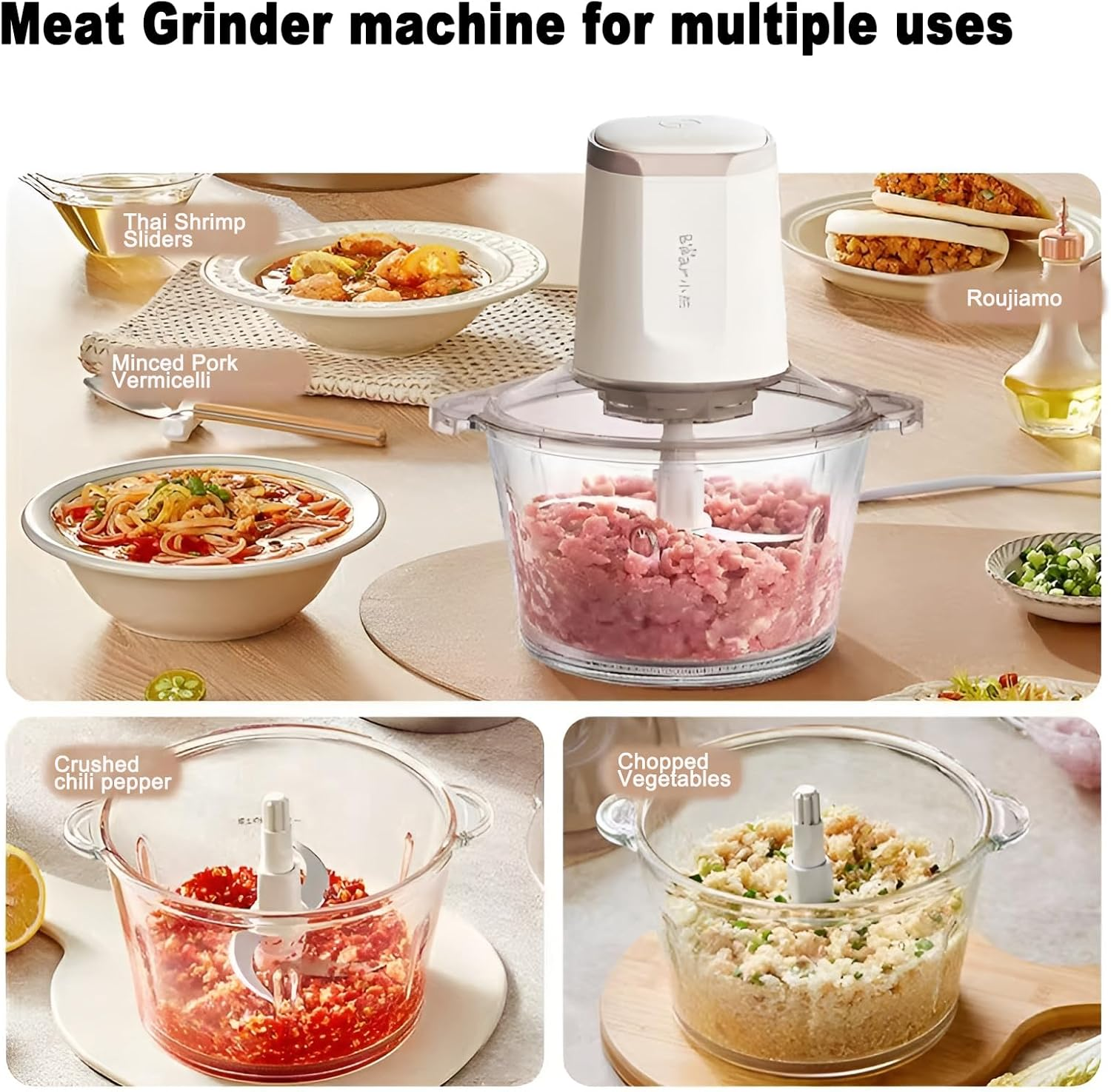 Electric Food Processor, 2L Electric Chopper with Meat Grinde&Rgarlic Chopperr, Multi-Functional Cuisine Blender with 4-Blade X-Blade for Grinding Meat and Vegetables Kitchen Utensils image number 3
