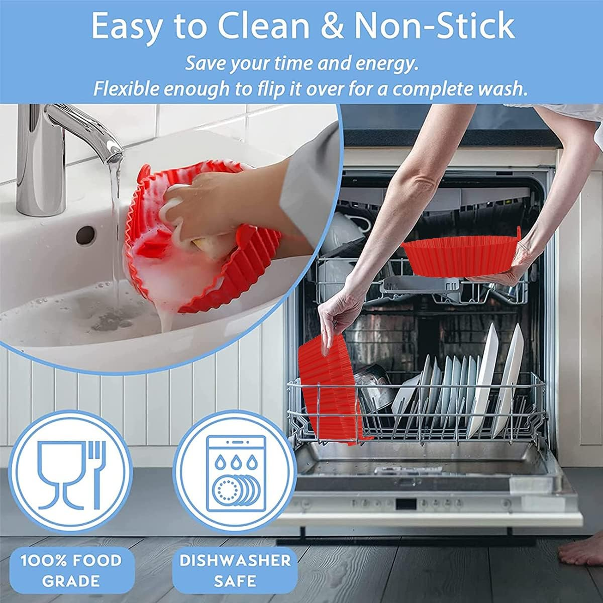 Fxvhojq 2Pcs Air Fryer Silicone Pot - Reusable, Heat Resistant, BPA Free, Dual Handle, 20Cm Round, Baking Pan, Fruit Tray image number 3