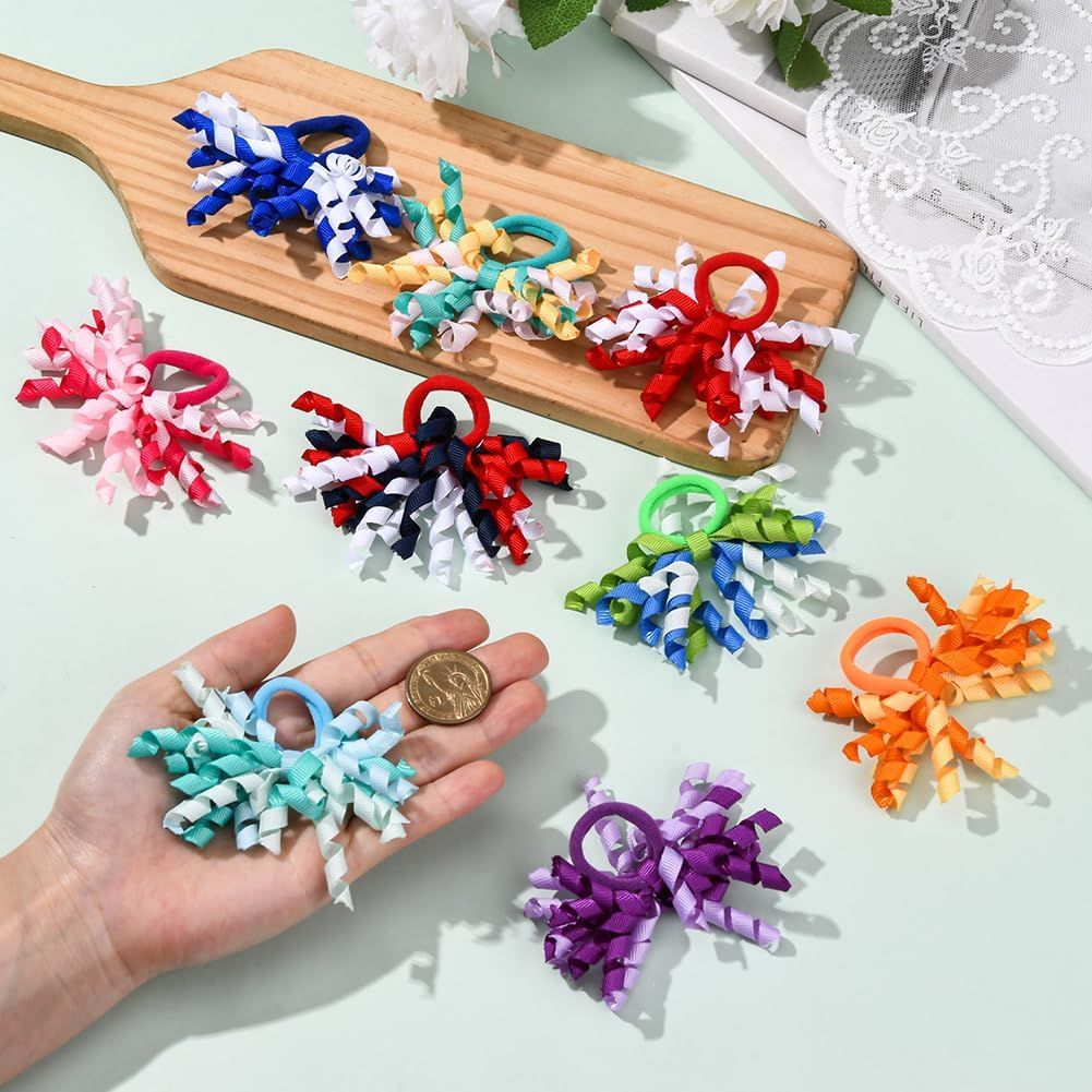 SOFPLATE Pack of 18 9 Colours Curling Bands Hair Bows Colourful Hair Bands Bows Rainbow Corker Elastic Polyester Bow Boutique Curls Ponytail Holder Accessories for Short Long Hairstyle DIY Decoration image number 2