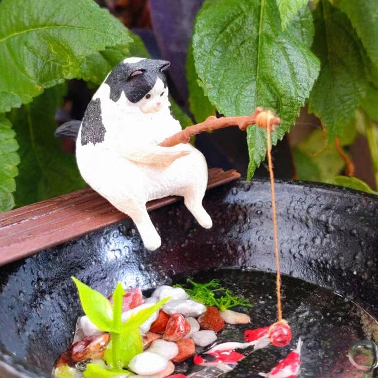 Cat Fishing Statue, Cat Sculpture Sitting Fishing, Cute Cat Figurine Fish Tank Decorations, Resin Ornament Decor for Garden image number 4