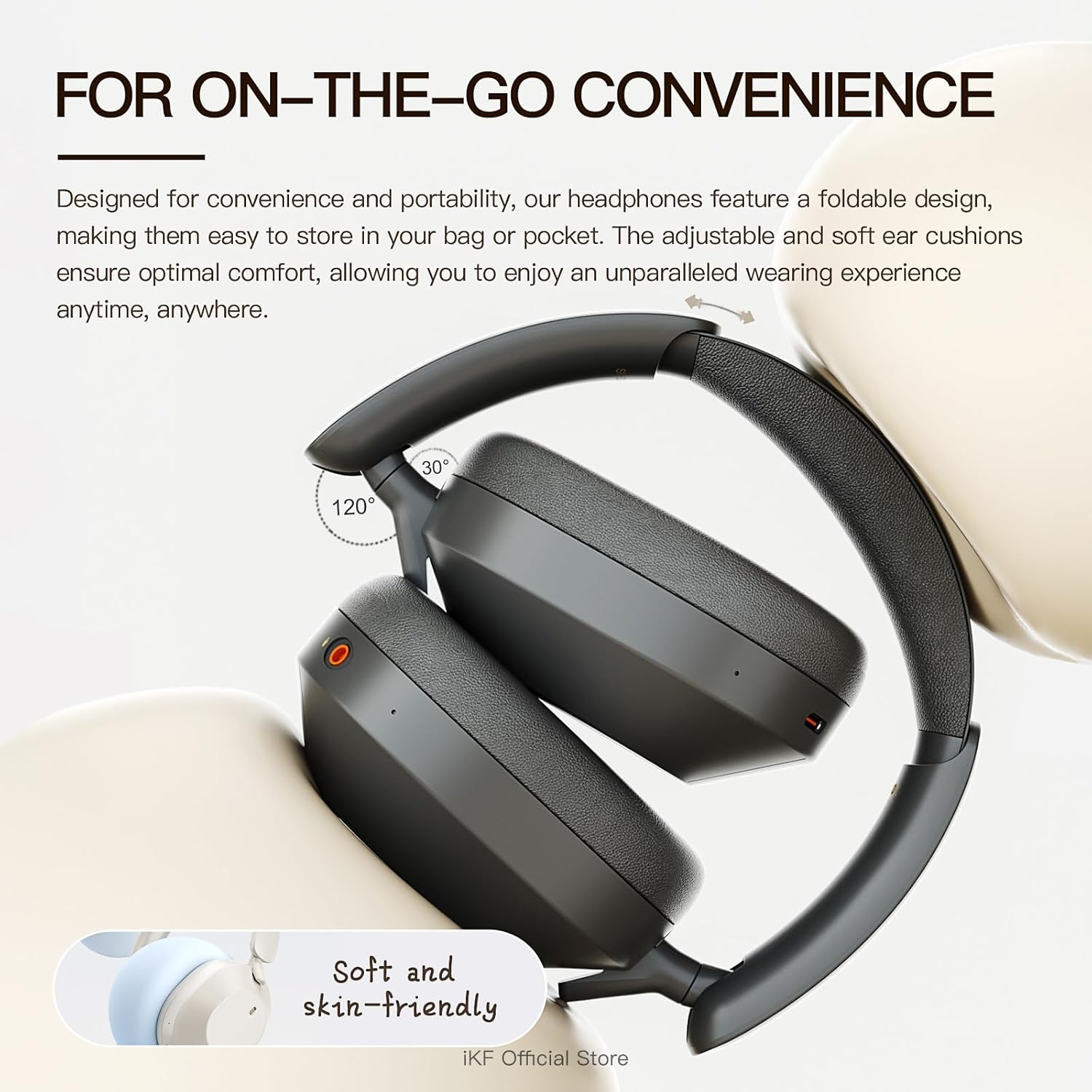 Ikf Solo Wireless over Ear Headphones,Active Noise Cancelling, 40Mm Speakers,130H Playback, Transparency Mode, Foldable, 35Ms Low Latency, USB Audio with External Mic, App Customization (Black) image number 6