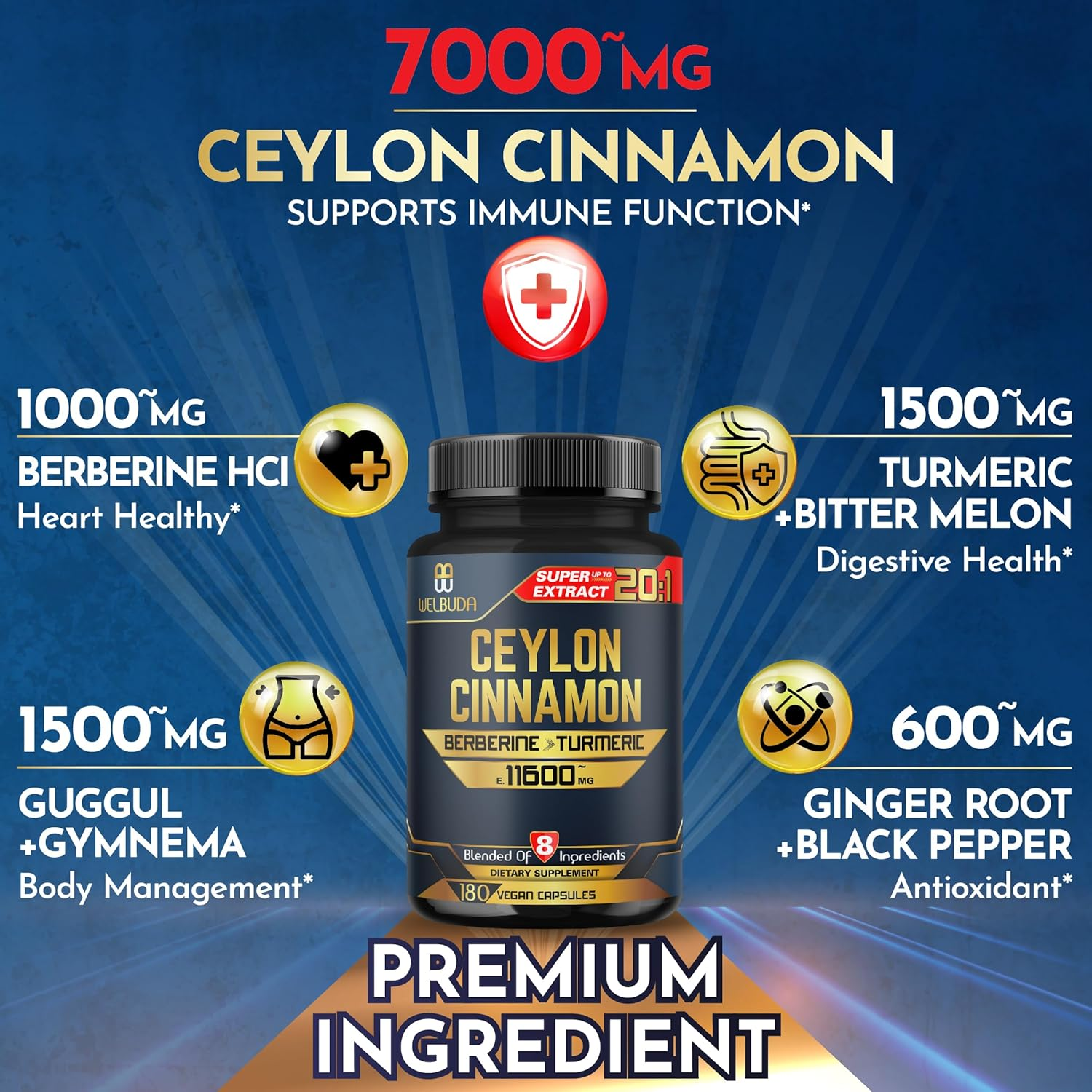 8In1 Ceylon Cinnamon Supplement Extract - 11600Mg Blended from Berberine, Turmeric, Ginger, Gymnema Sylvestre & More - 180 Capsules for 3-Month Supply - Heart Health, Brain, & Immune Support image number 1