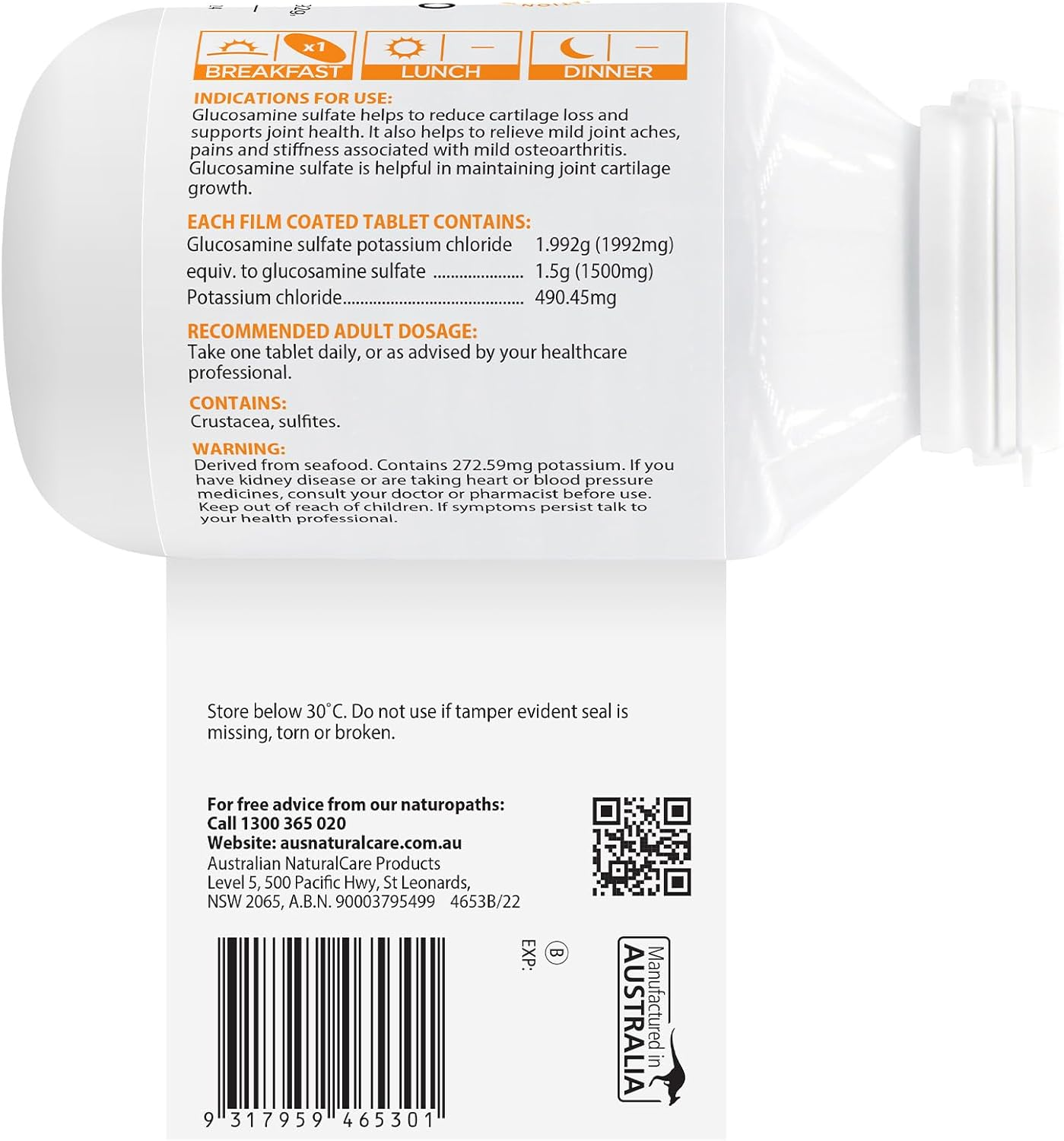 Australian Naturalcare - Joints, Bones & Muscles - Glucosamine 1500 One-A-Day Healthy Joints Tablets (90 Count)