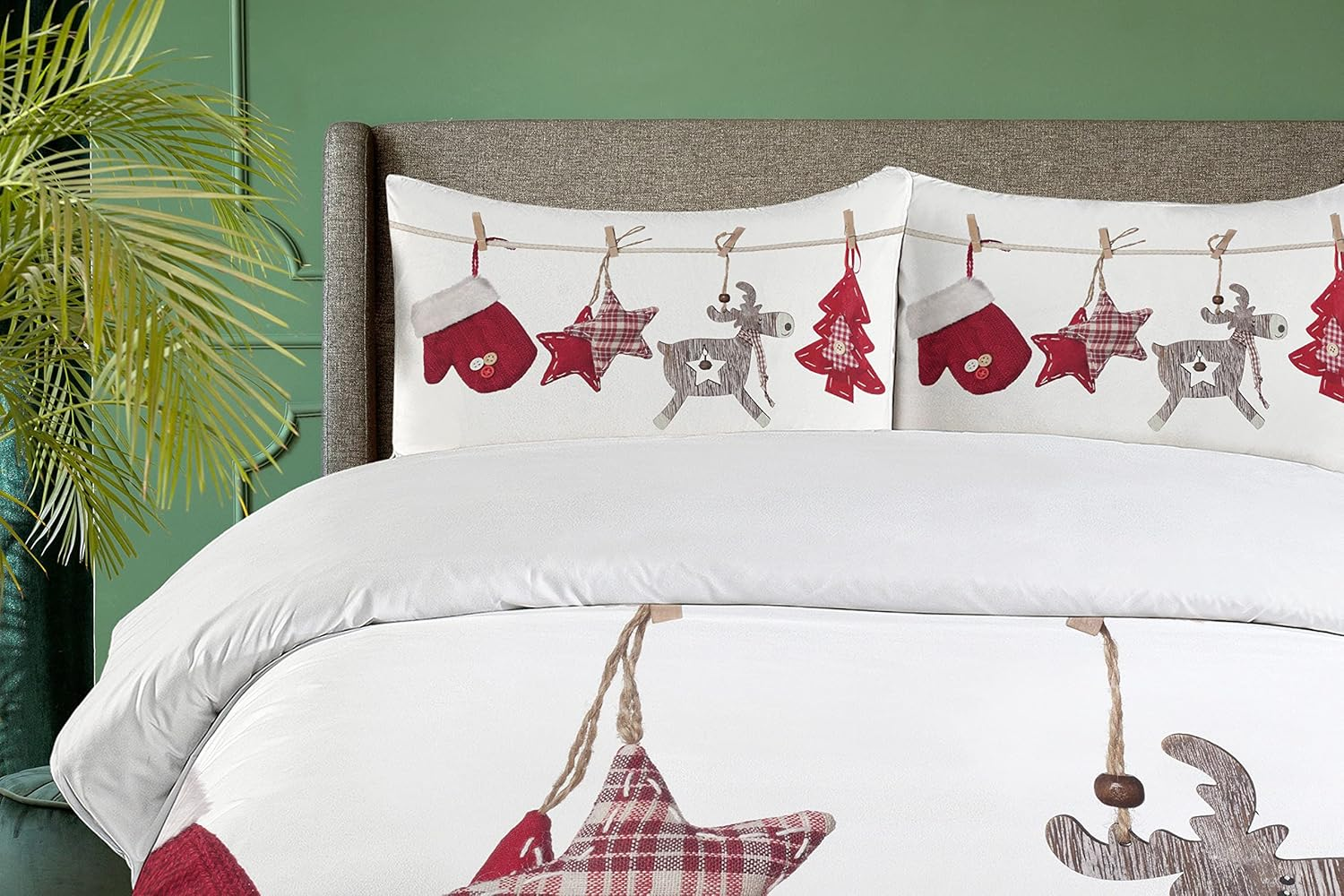 Ambesonne Christmas Duvet Cover Set, Traditional Xmas Celebration Items Hanging from Clothespins Retro, Decorative 3 Piece Bedding Set with 2 Pillow Shams, Queen Size, Red Cream Tan image number 2