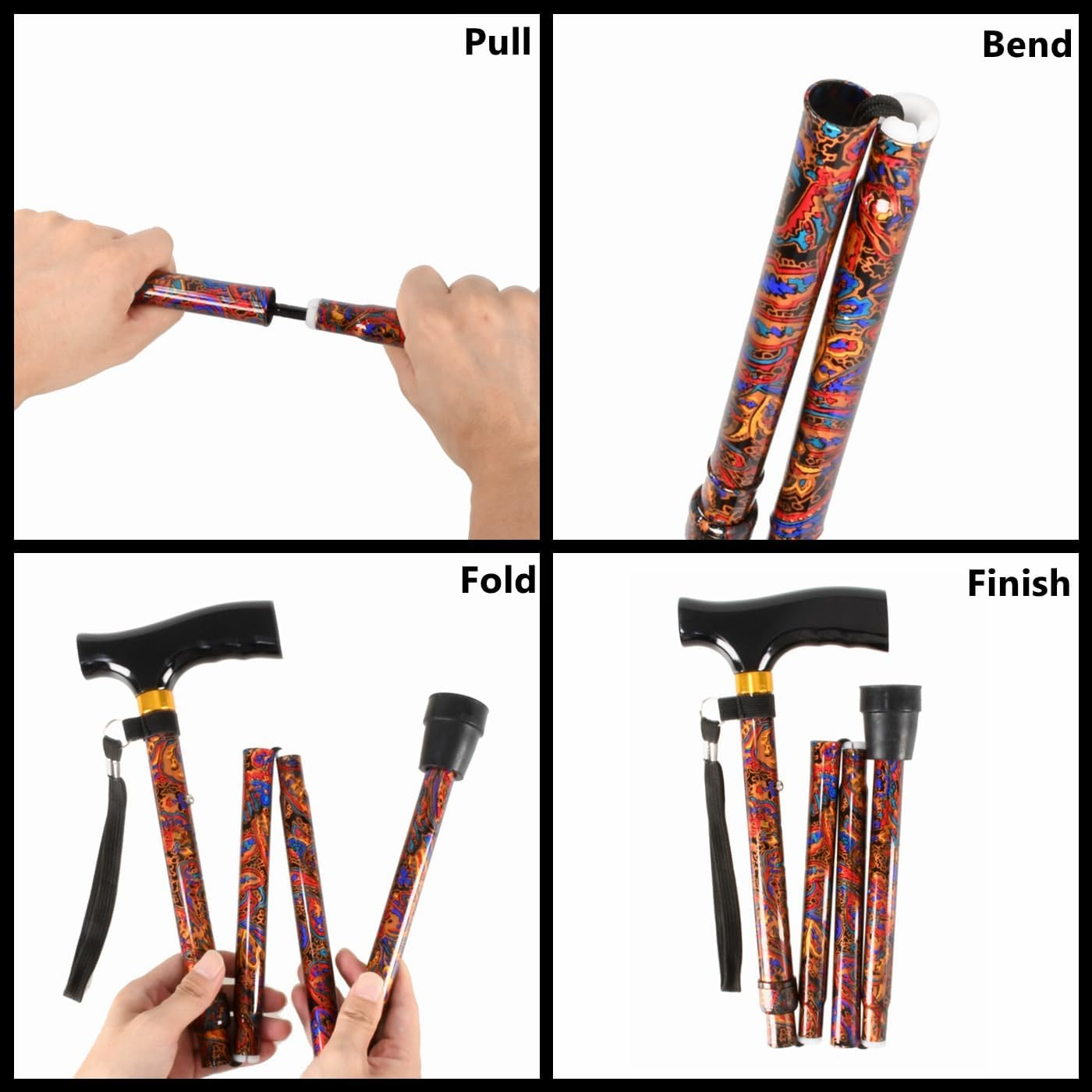 Foldable Walking Cane, Portable Hand Walking Stick, Walking Cane with Smooth Wood Handle, Adjustable Walking Cane, Folding Cane, Collapsible Canes for Seniors, Adjustable Cane image number 3