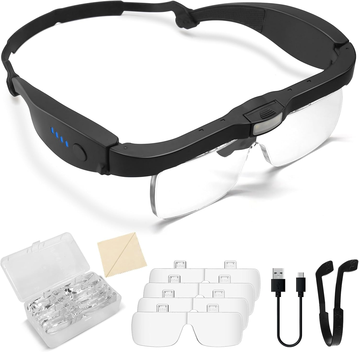 Magnifying Glass with Light Hands Free, Rechargeable Magnifying Glasses Headset with 5 Detachable Lenses Magnifier for Close Work, Reading, Jewelry Making Crafts