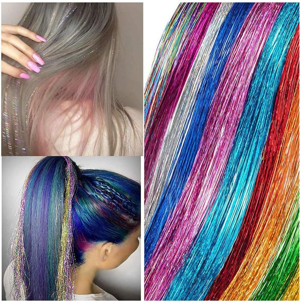 Aufondof Hair Tinsel Kit 12 Colors, 2100 Strands 47 Inches Sparkling Tinsel Hair Extensions with Tool, Glitter Bling Synthetic Hair Streaks for Birthday Halloween Christmas New Year Party image number 4