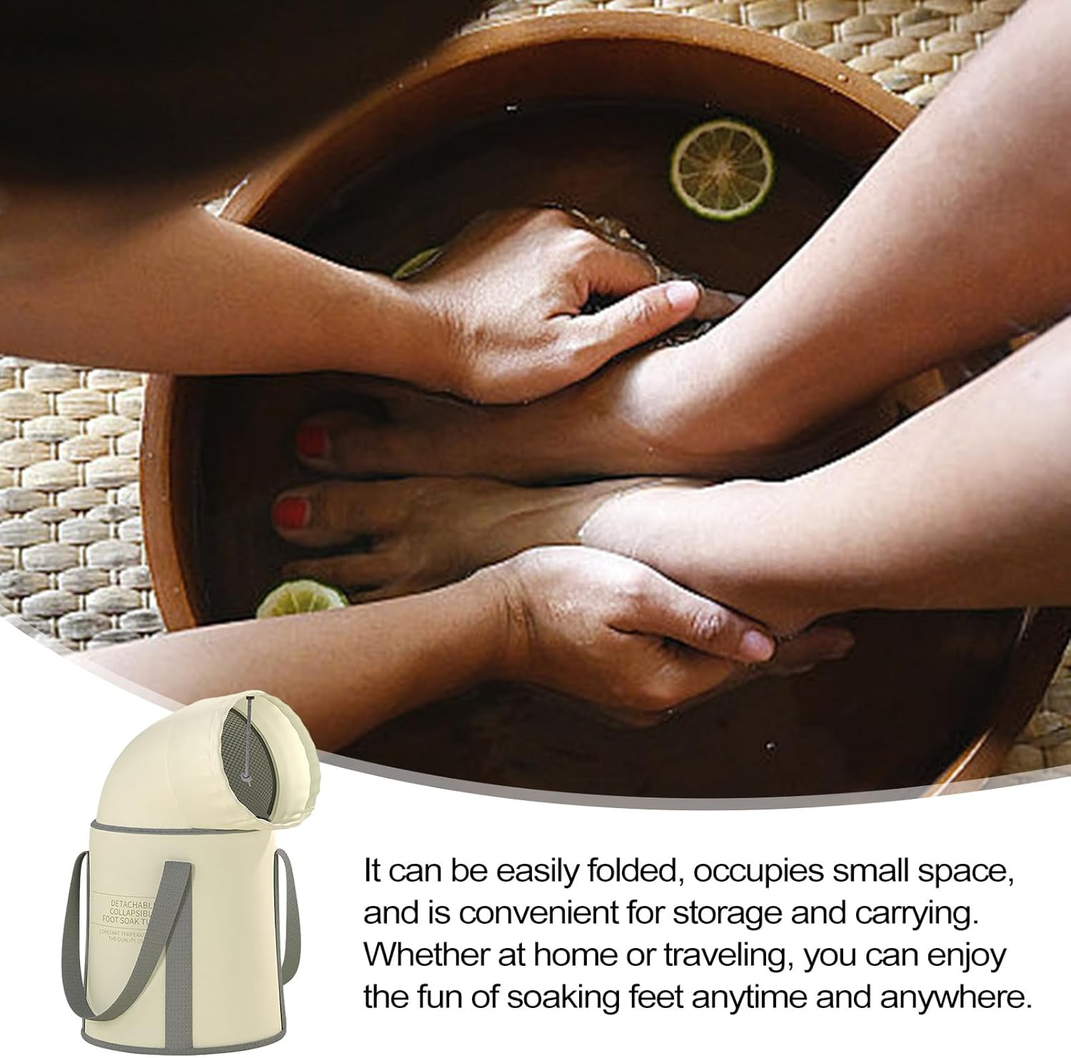 Foot Soaking Bucket | Foldable Foot Bath Basin Bag,Feet Soaking Tub, Foldable Pedicure Bag, Portable Foot Soak Foot Tub with Handle, Foot Spa Bucket for Laundry, Camping, Travel Pouxa - Beige Without Lid image number 3