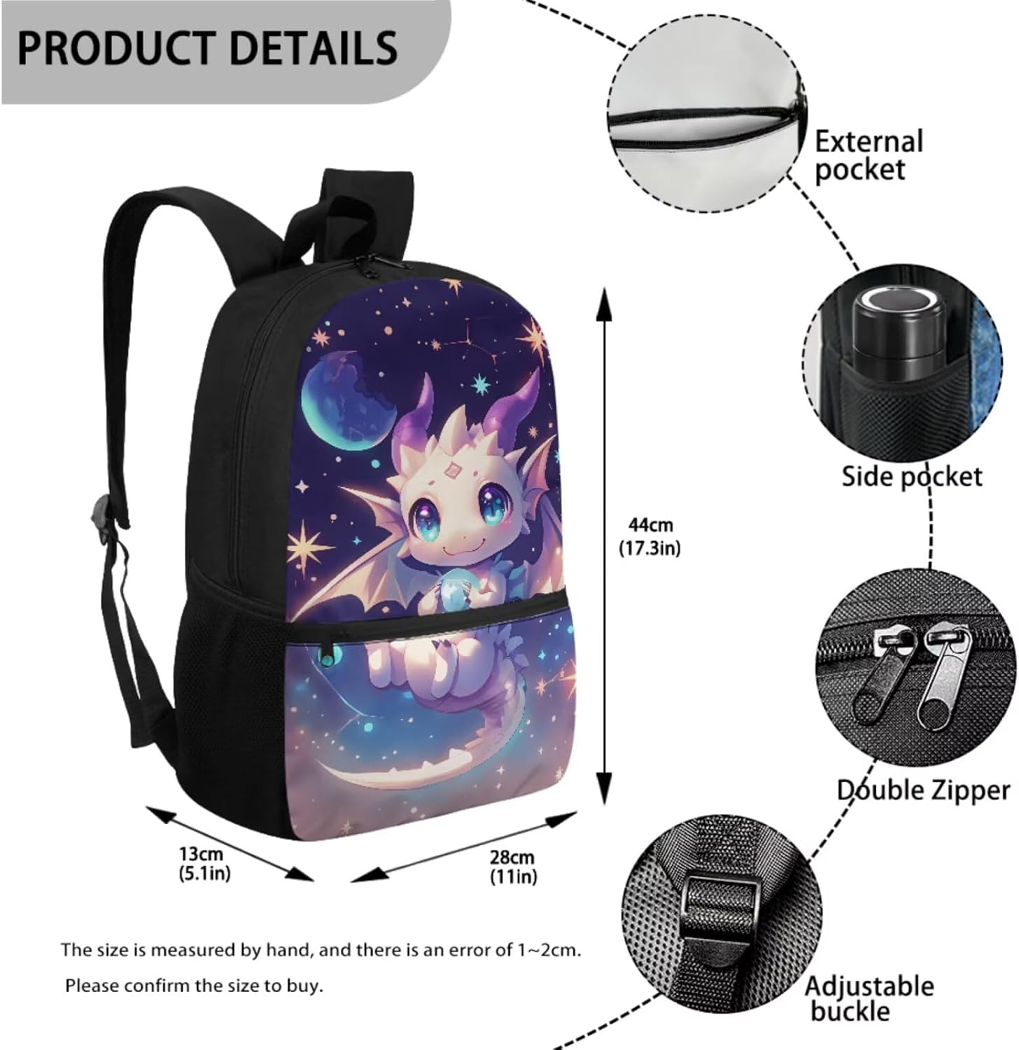 JEOCODY Kids Backpack Set 4 Piece School Bag with Lunch Bag Pencil Case Water Bottle Holder for Boys and Girls, Cute Galaxy Dragon Printed - Capybara Printed image number 6