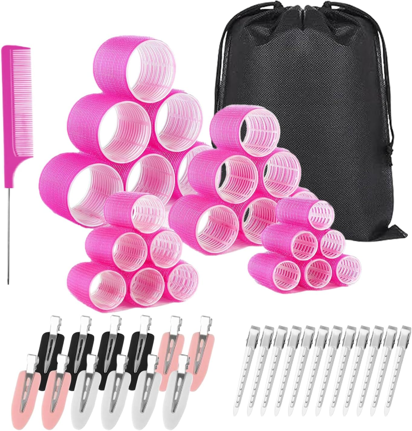 Jotia 50Pcs Hair Rollers Set, Including 24Pcs 25Mm/36Mm/48Mm/60Mm Self Grip Curler Roller, Clips, Comb and Storage Bag, Hair Heatless Roller Hair Curlers Set for All Hair Types (Rose Red)
