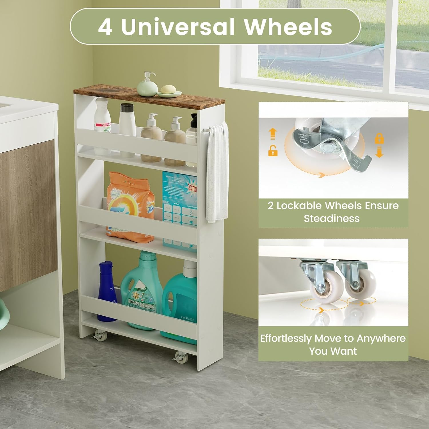 Costway Slim Storage Cart W/Handle, 4-Tier Slide Out Utility Cart, Shelving Unit Organizer Trolley for Narrow Places, Perfect for Laundry, Kitchen, Living Room (Rustic Brown+White) - Rustic Brown+White image number 6