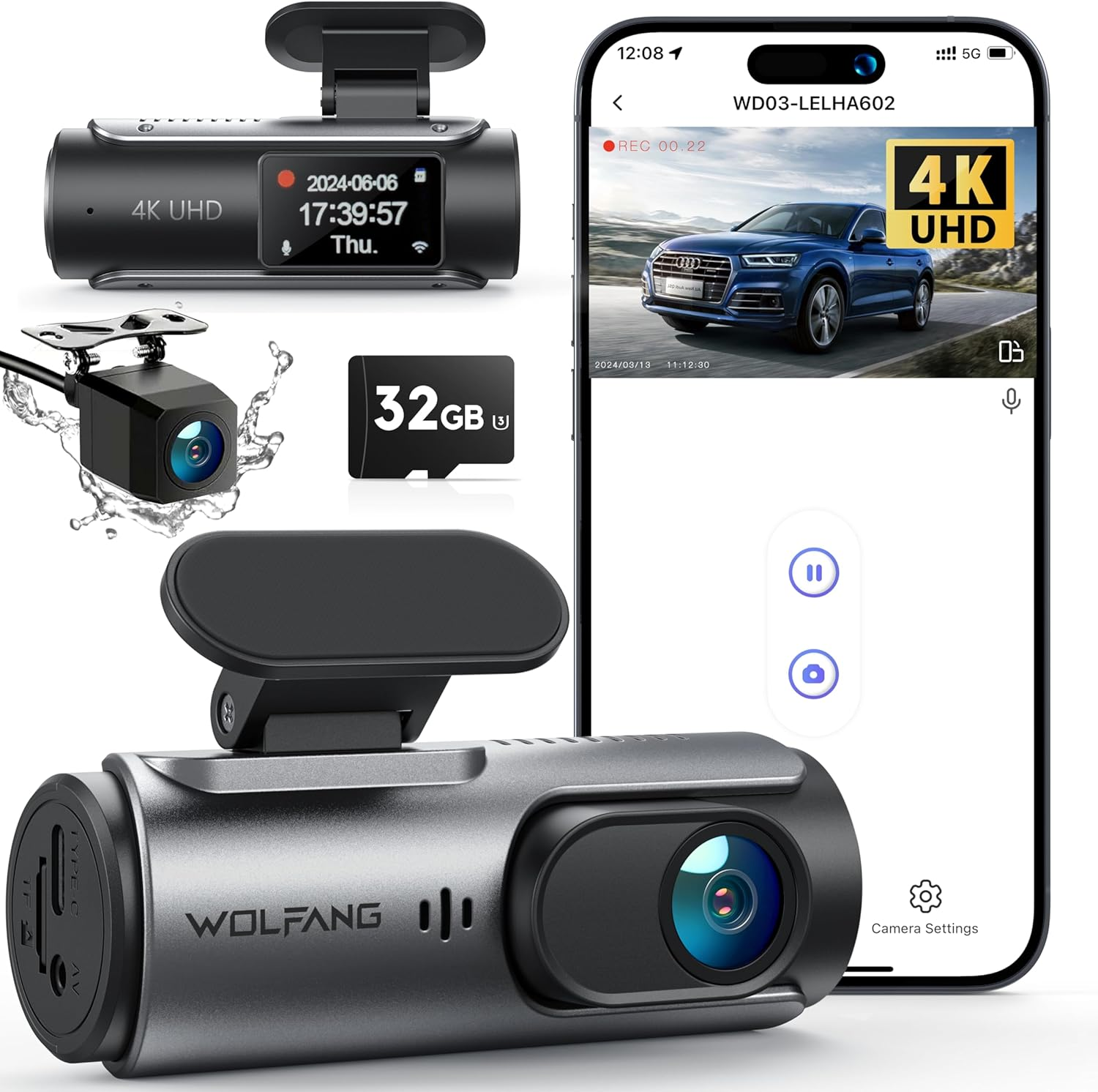 WOLFANG Dash Cam Car Front Rear 4K Wifi Dash Cam with 32GB SD Card, Ultra Night Vision, 170&deg; Wide Angle, WDR, 24 Hours Parking Mode, G-Sensor, Loop Recording image number 4
