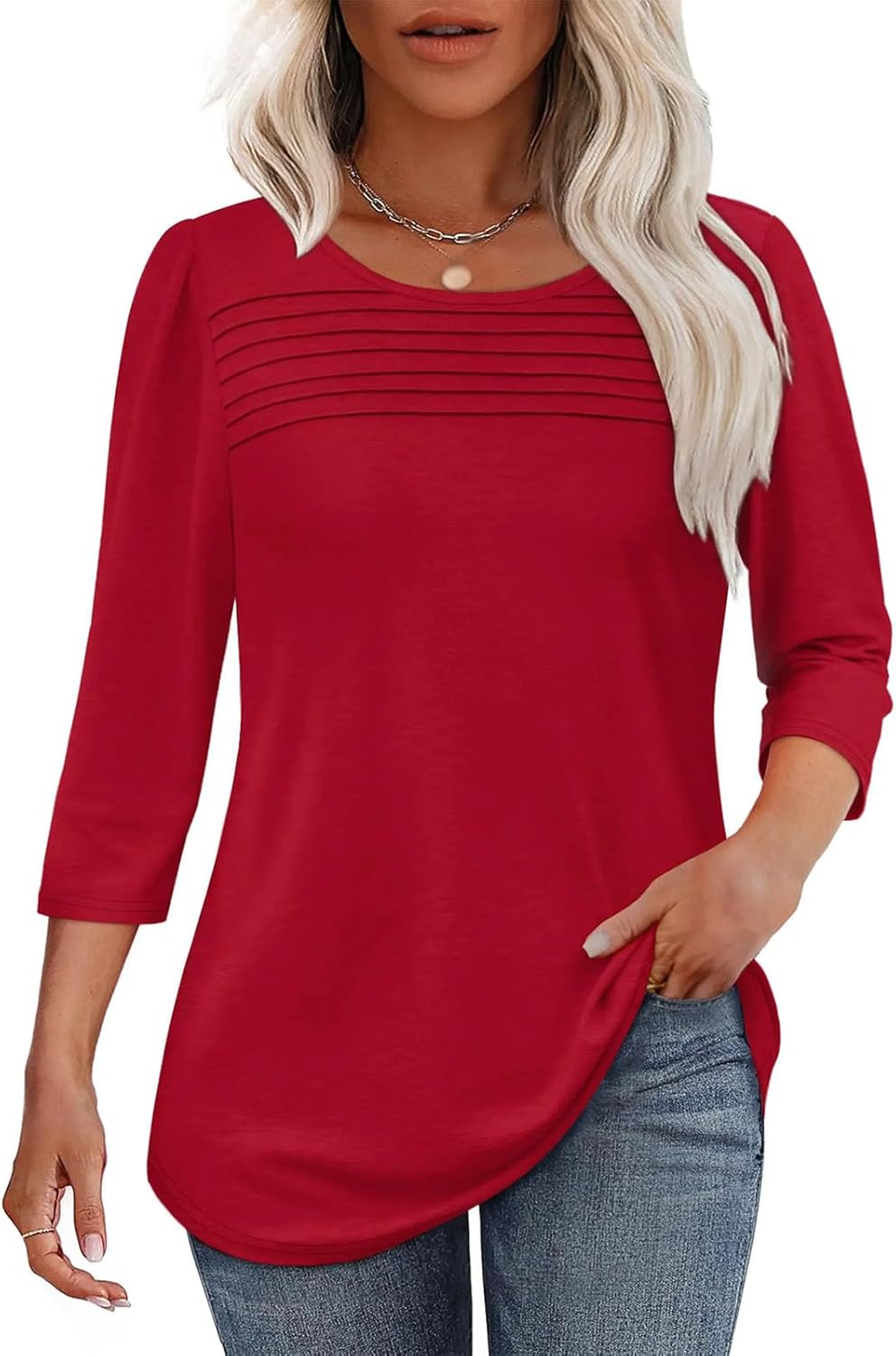 2025 Women'S 3/4 Length Sleeve Top Pleated Front T-Shirt, Curved Hem Casual Shirt for Work & Weekend,Dressy Casual for Women'S image number 3