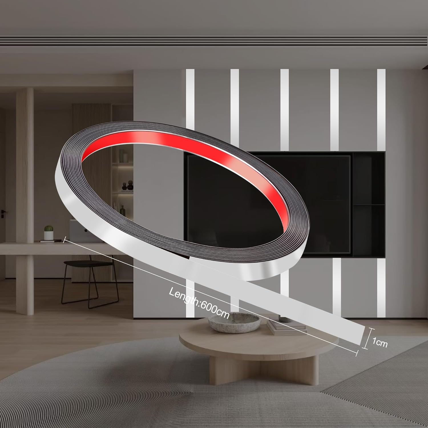 JUNART 600Cm&times;1Cm Stainless Steel Wall Molding Trim,Peel and Stick, Flexible Self-Adhesive Metal Trim for Fireplaces, Mirror Frames, Walls, Ceilings, Floors, Tiles(Silver) image number 2