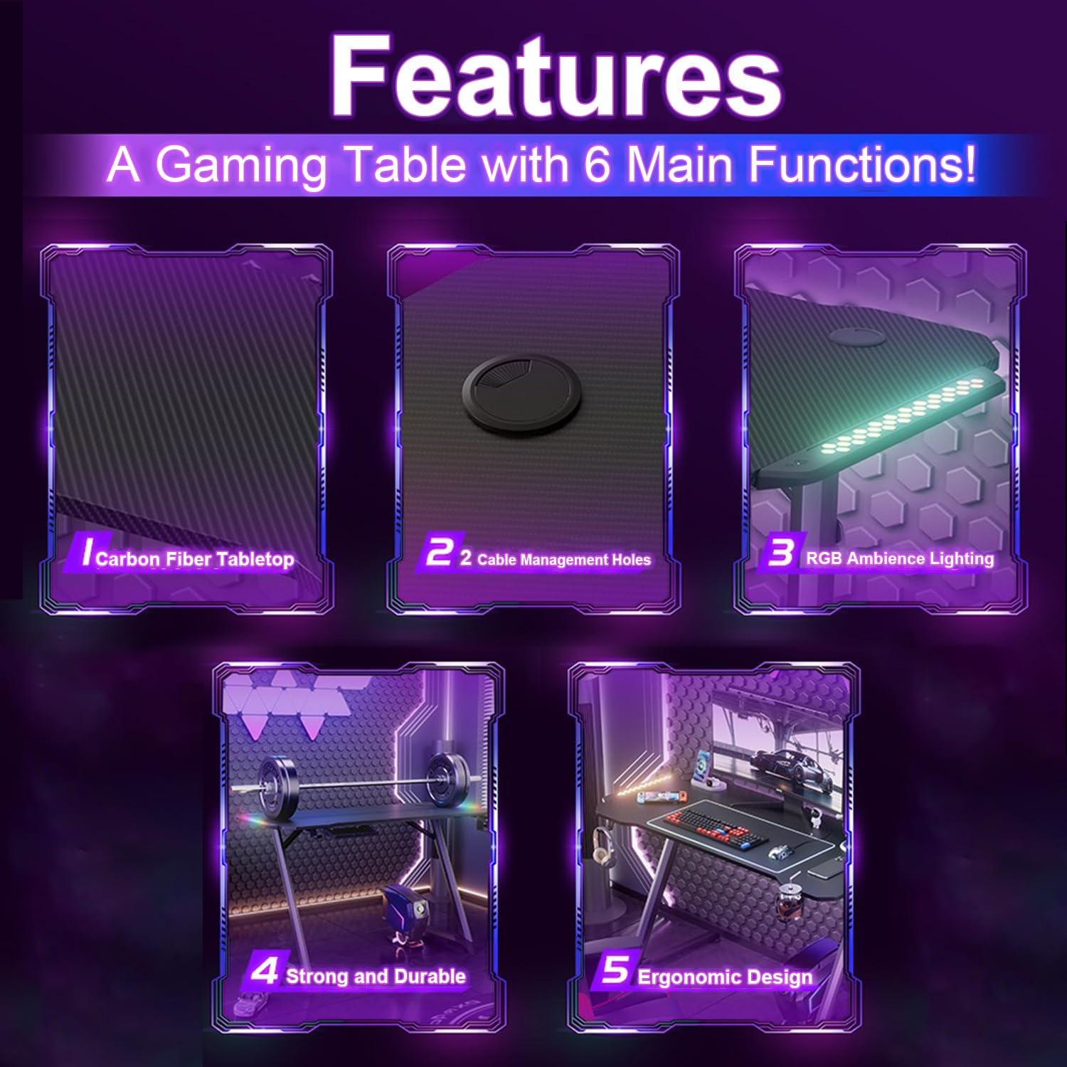 Gaming Desk Computer Desk: 160Cm LED RGB Light Home Desk Study Desk with Carbon Fiber Surface Video Game Table with Cable Management Box, Cup Holder, Headphone Hook and Mouse Pad (TD-02) - Td-02 image number 5