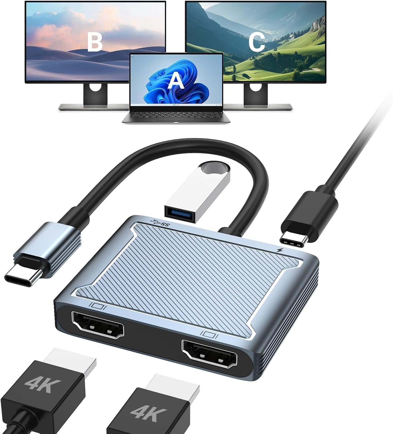 AHGEIIY USB C to Dual HDMI Adapter, 4-In-1 USB Type C Hub with 2 HDMI/USB3.0/PD Charging, Dual Screen Display USB-C Docking Station Dual HDMI Adapter for 2 Monitors Compatible with Thunderbolt 3 image number 2
