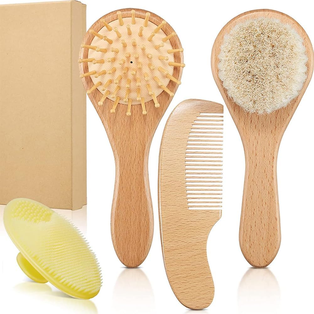 4 Pcs Infant Hair Brush,Wood Baby Cradle Cap Comb,Yellow Silicone Brush,Baby Hair Brush,Wool Brush Set,Cradle Cap Brush,For Newborns and Toddlers image number 1