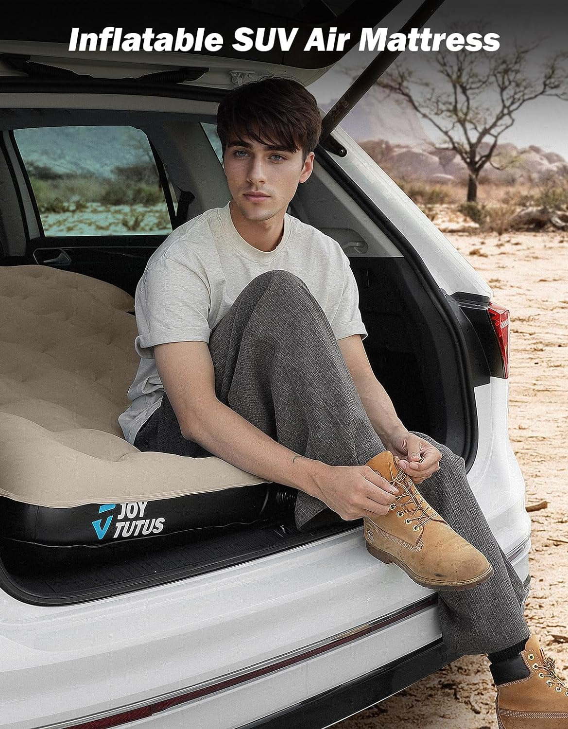 JOYTUTUS SUV Air Mattress Camping Bed,3.0 Thickened Flocking Car Camping Inflatable Mattress,Anti-Leakage,With 2 Pillows & Electric Pump Universal Car Bed for SUV Trunk and Rear Seat,Camel - Grey Blue image number 6