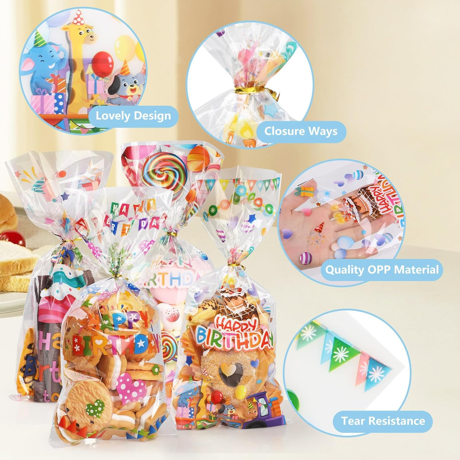 Bigqin 100Pcs Cellophane Treat Bags for Birthday 4 Patterns Plastic Candy Cookie Bags with Twist Ties Happy Birthday Party Favor Bags Goodie Bags(27 * 12.5Cm) - Animals image number 6