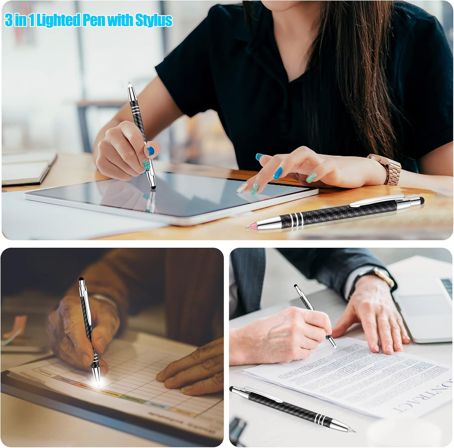 Lighted Tip Pen with Stylus 3-In-1 - LED Penlight Ballpoint Pen with Light for Writing in the Dark - Pack of 3 - White Light - GL006 - White image number 2