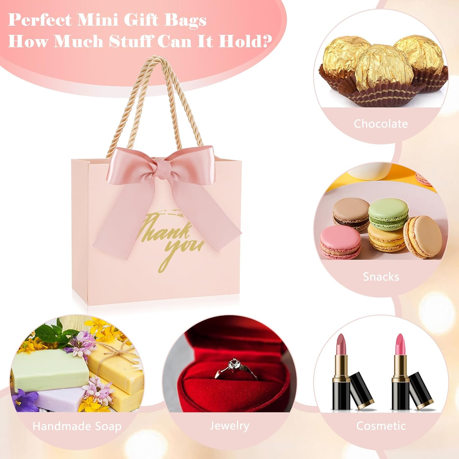 SHAIDOJIO 30Pack Small Thank You Gift Bags with Handle, Mini Pink Gift Bags Candy Bags Bulk with Bow Ribbon, Party Favor Bag for Wedding, Birthday, Bridal Shower, Baby Shower (5.5X2.5X4.7 Inch) image number 6