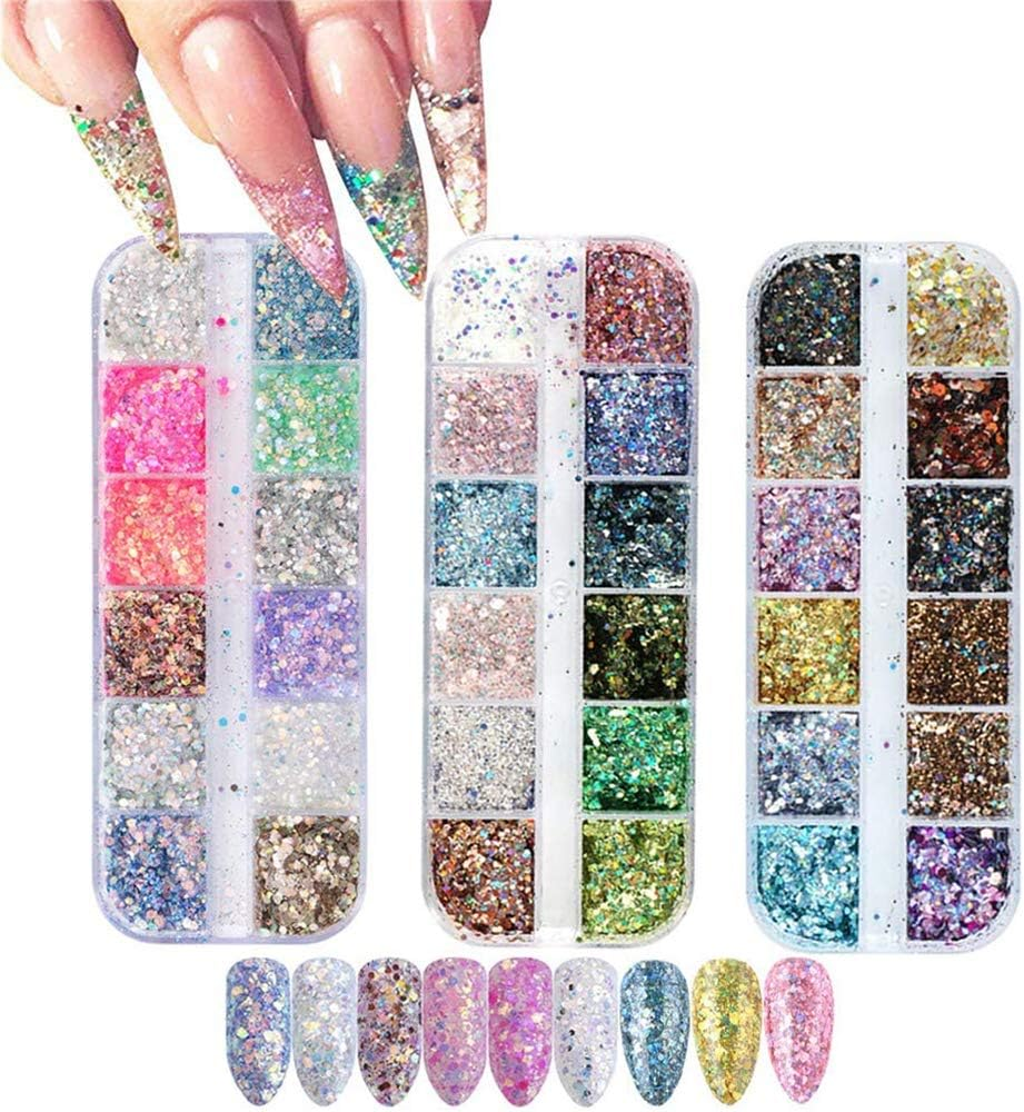 3 Boxes 36 Colors Nail Sequins Shiny 3D Nail Glitter Flakes Manicure Make up DIY Nail Art image number 1