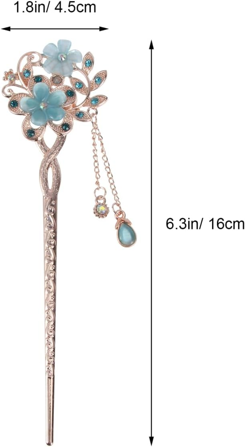 Minkissy Rhinestone Flower Hair Sticks Blue Cat'S Eye Gemstones Vintage Chinese Hanfu Hair Chopsticks with Tassel Floral Hairpins Hair Styling Accessories - Sky-Blue image number 4