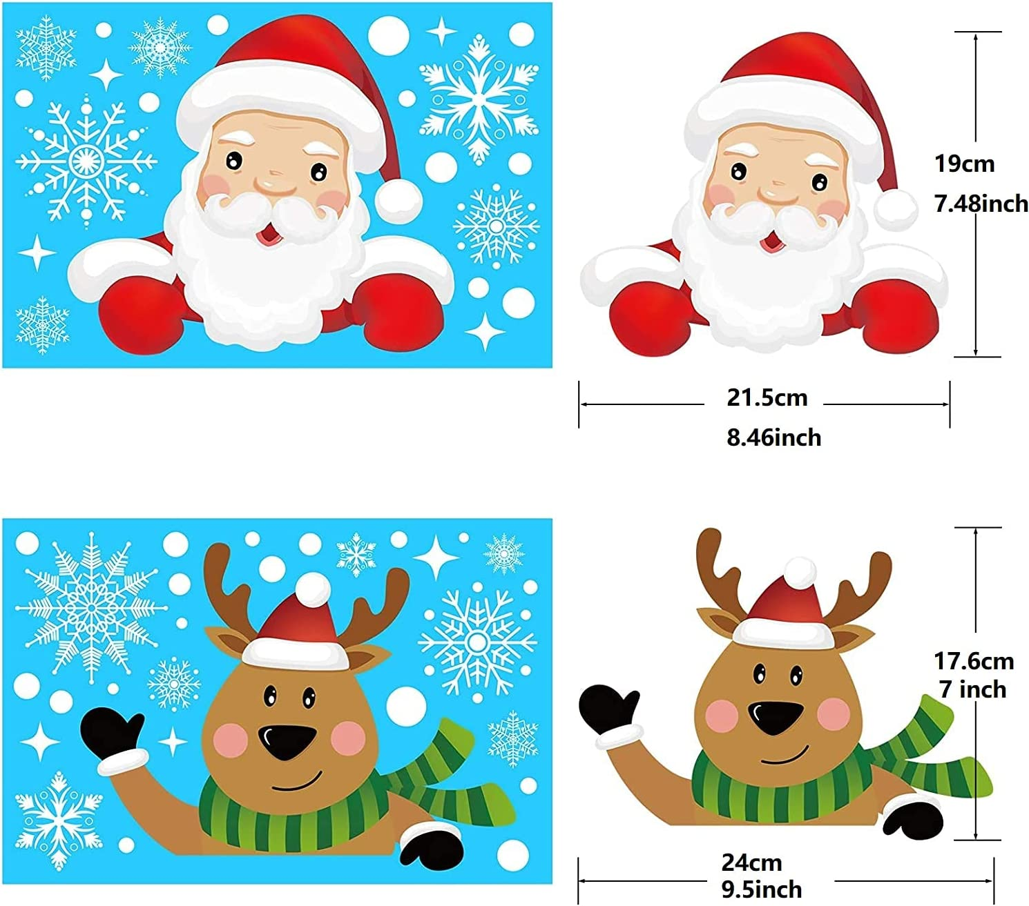 Christmas Window Clings, T Tersely 8 Sheets Stickers, Snowflake Snowman Santa Reindeer Window Stickers,Removable Static Window Stickers, for Christmas Window Decoration