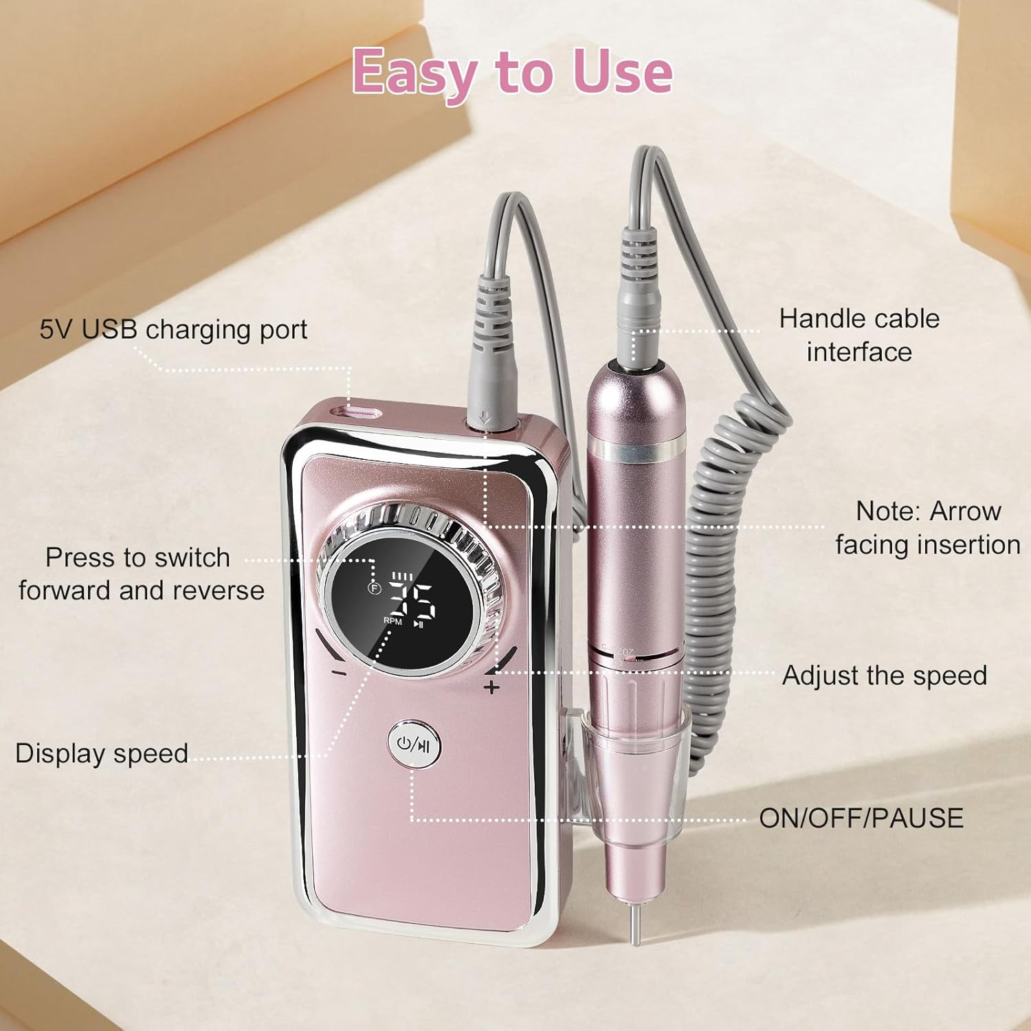 Madenia Rechargeable Nail Drill Machine: Professional Electric Nail Files USB E File for Acrylic Nails Gel, 35000RPM Adjustable Speed Manicure Machine with 6 Drill Bits and 56 Sanding Bands, Pink image number 2