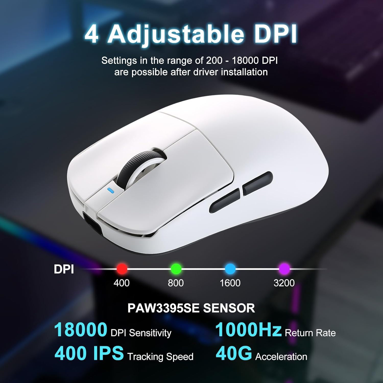 MIKIBY R1 SE+ Wireless Gaming Mouse, 18000 DPI, High-Precision PAW3395SE Sensor,55G Lightweight,Three Connection Modes Mouse, Programmable Ergonomic Mouse Suitable for Laptops/Pc/Mac (White)