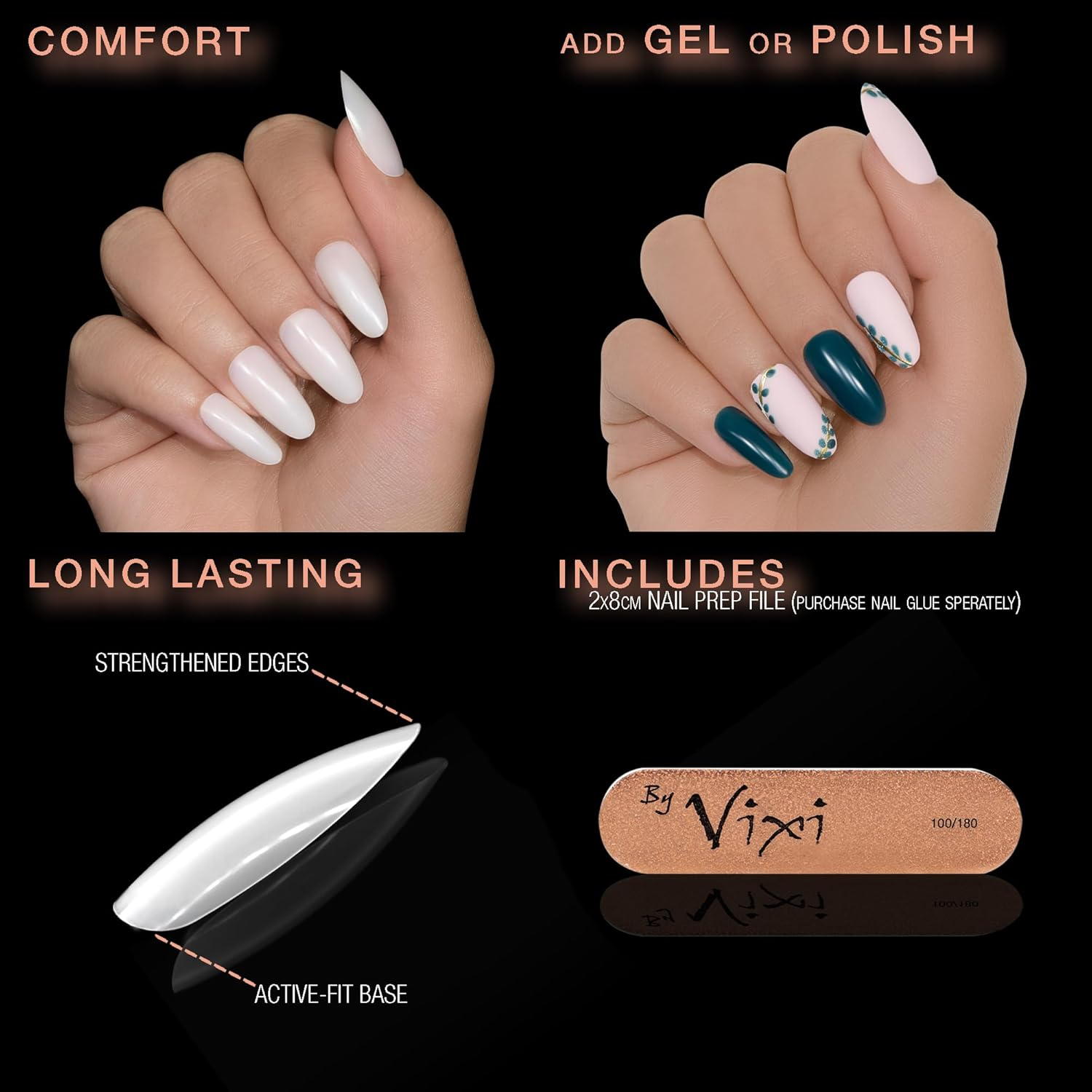 By Vixi 600 MEDIUM ALMOND NAIL SET with PREP FILE, 10 Sizes &ndash; Opaque Express Full Cover False Fingernail Extensions for Salon Professionals & Home Use image number 4