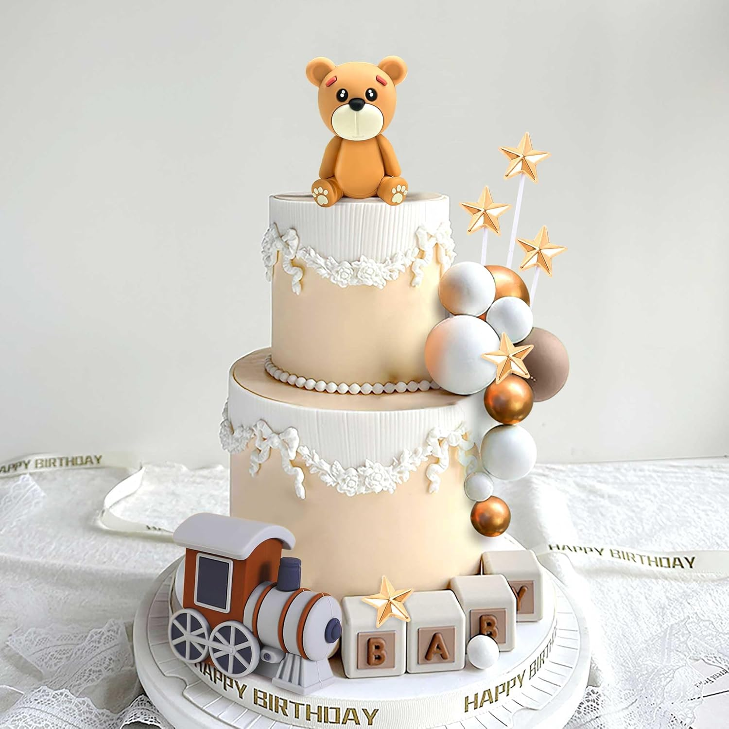 Laventy Bear Cake Decoration Beige Brown Balls Cake Topper Boho Bears Cake Cake Decoration Baby Shower Birthday Cake Decoration