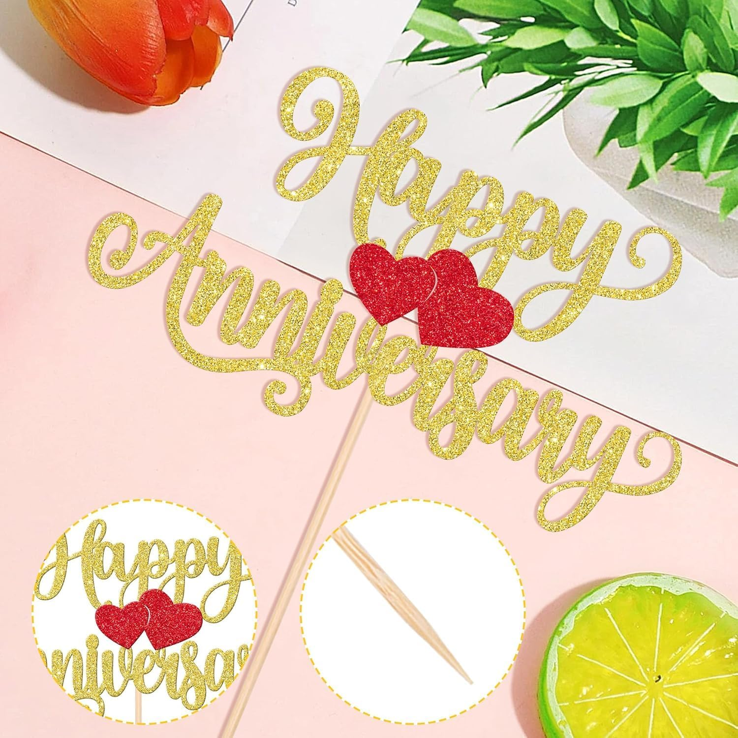 SYKYCTCY 1 Pack Happy Anniversary Cake Topper Glitter Heart Wedding Anniversary Cake Pick Wedding Anniversary Cake Decorations Kids Birthday Party Cake Decorations Supplies (Gold) - Gold image number 1